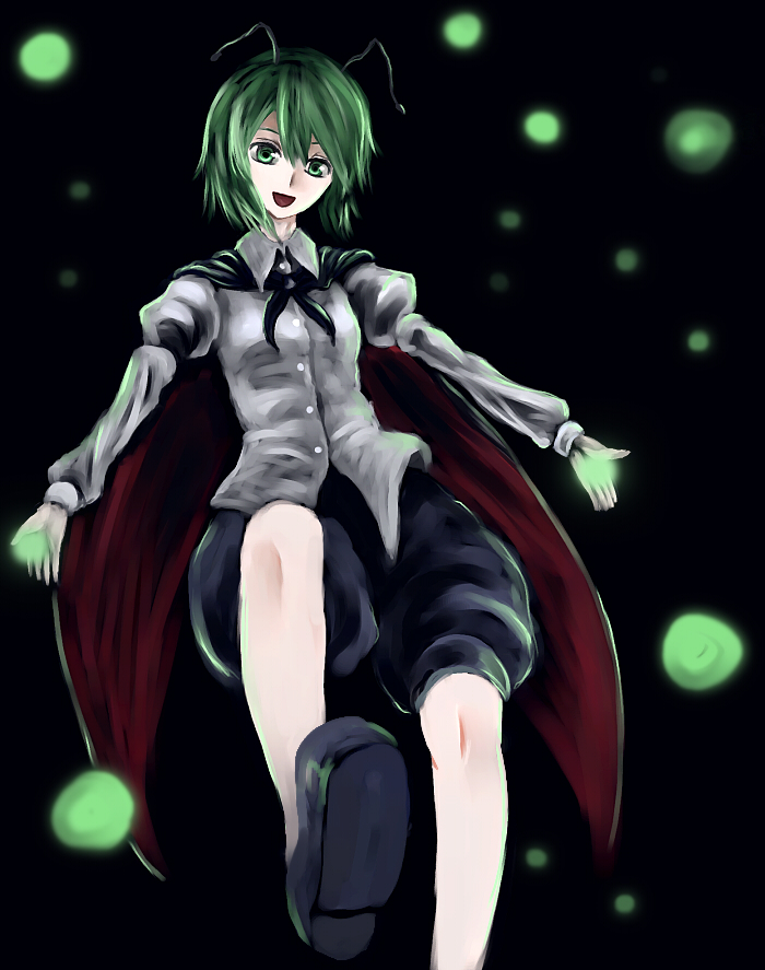 parsley-f, wriggle nightbug, touhou, bad id, bad pixiv id, 1girl, antennae, bug, cape, female focus, fireflies, firefly, green eyes, green hair, insect, matching hair/eyes, short hair, simple background, solo
