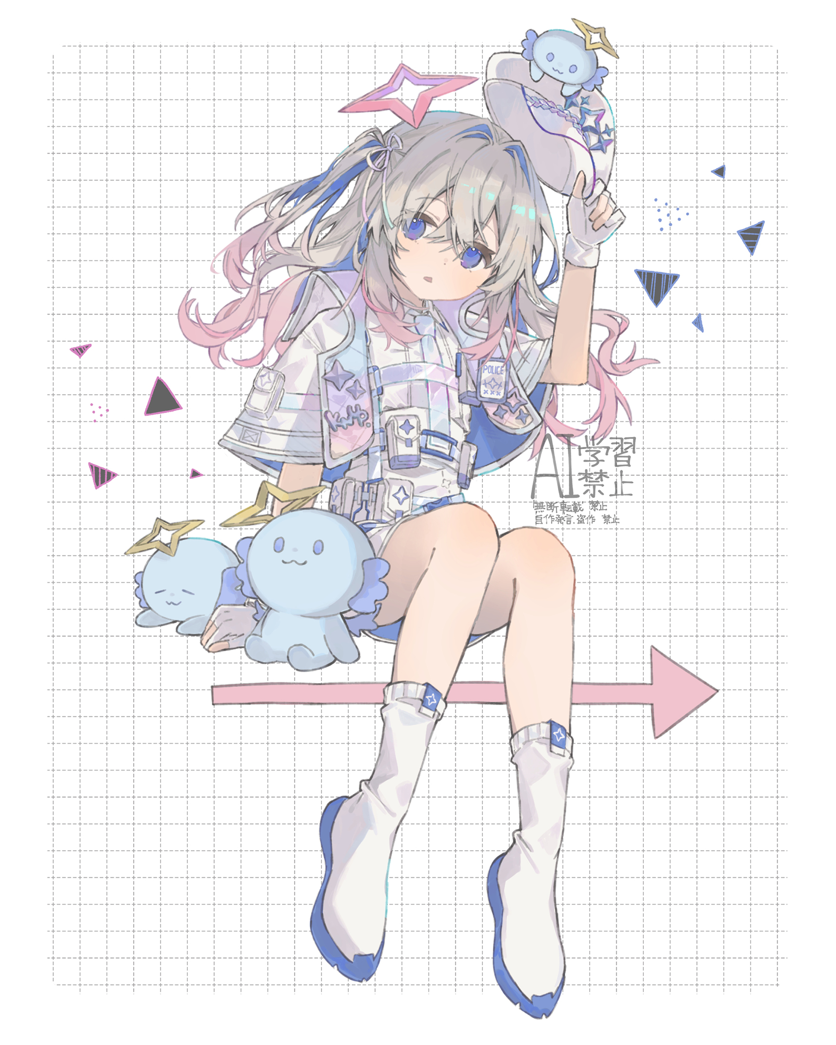 mizutama (32mz k), amane kanata, hololive, commentary, highres, symbol-only commentary, 1girl, arm up, blue eyes, blue necktie, boots, crossed bangs, double-parted bangs, full body, gloves, gradient hair, grey hair, grid background, hair between eyes, hair intakes, hat, holding, holding unworn clothes, holding unworn hat, invisible chair, long hair, multicolored hair, necktie, open mouth, pink hair, shirt, short sleeves, shorts, sitting, solo, two side up, unworn hat, unworn headwear, virtual youtuber, watermark, white background, white boots, white gloves, white hat, white shirt, white shorts, wide sleeves