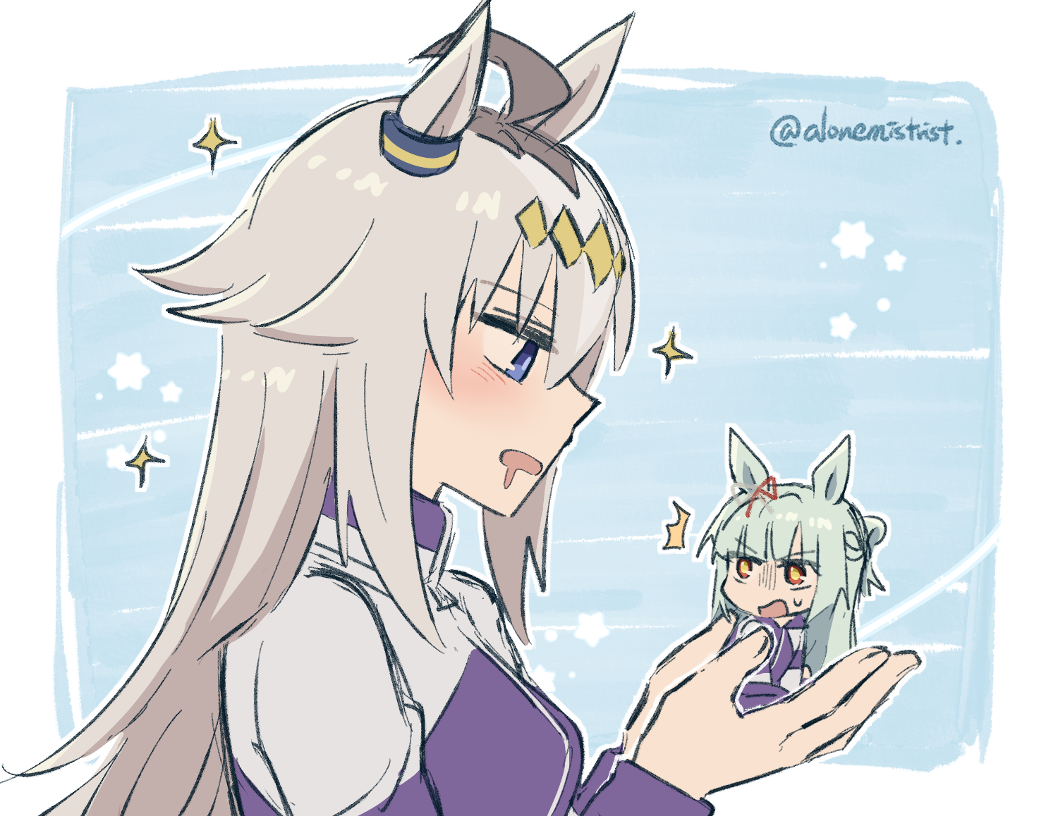 alonemistrist, fujimasa march (umamusume), oguri cap (umamusume), umamusume, umamusume: cinderella gray, commentary request, 2girls, animal ears, blue eyes, blue hair, blue sky, blush, grey hair, gym uniform, hair between eyes, holding, holding mini person, horse ears, horse girl, horse tail, jacket, kasamatsu tracen training uniform, light blush, long hair, long sleeves, mini person, multicolored hair, multiple girls, notice lines, outline, pants, ponytail, saliva, school uniform, sky, surprised, tail, tracen school uniform, track jacket, track pants, track suit