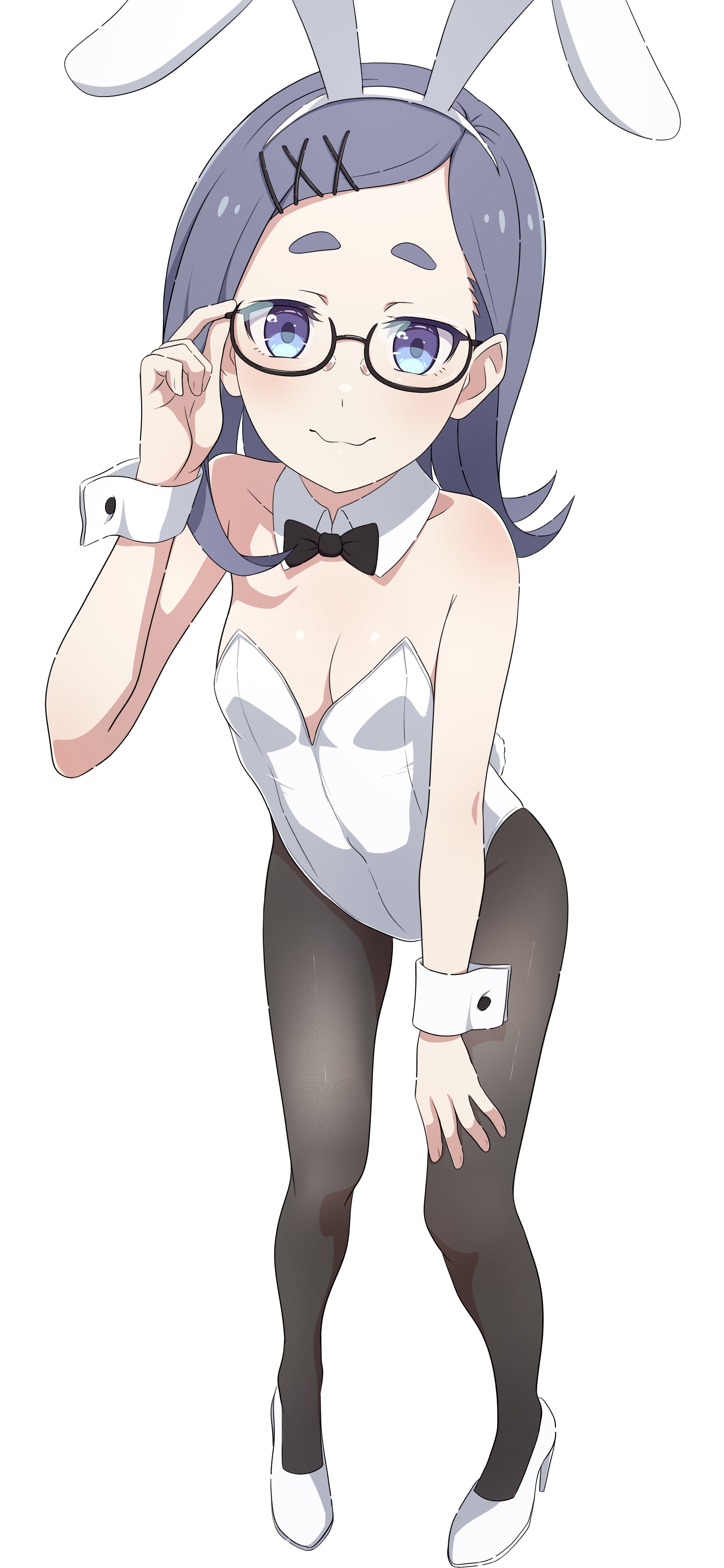 na-suke, hamukai meniko, monogatari (series), absurdres, commentary request, highres, 1girl, adjusting eyewear, animal ear hairband, animal ears, black bow, black bowtie, black pantyhose, blue hair, bow, bowtie, breasts, cleavage, collarbone, detached collar, fake animal ears, fake tail, glasses, hair ornament, hairband, hairclip, hand on own knee, high heels, leotard, looking at viewer, medium hair, pantyhose, playboy bunny, rabbit ear hairband, rabbit ears, rabbit tail, shoes, simple background, solo, tail, wavy mouth, white background, white leotard, white shoes, wrist cuffs, x hair ornament