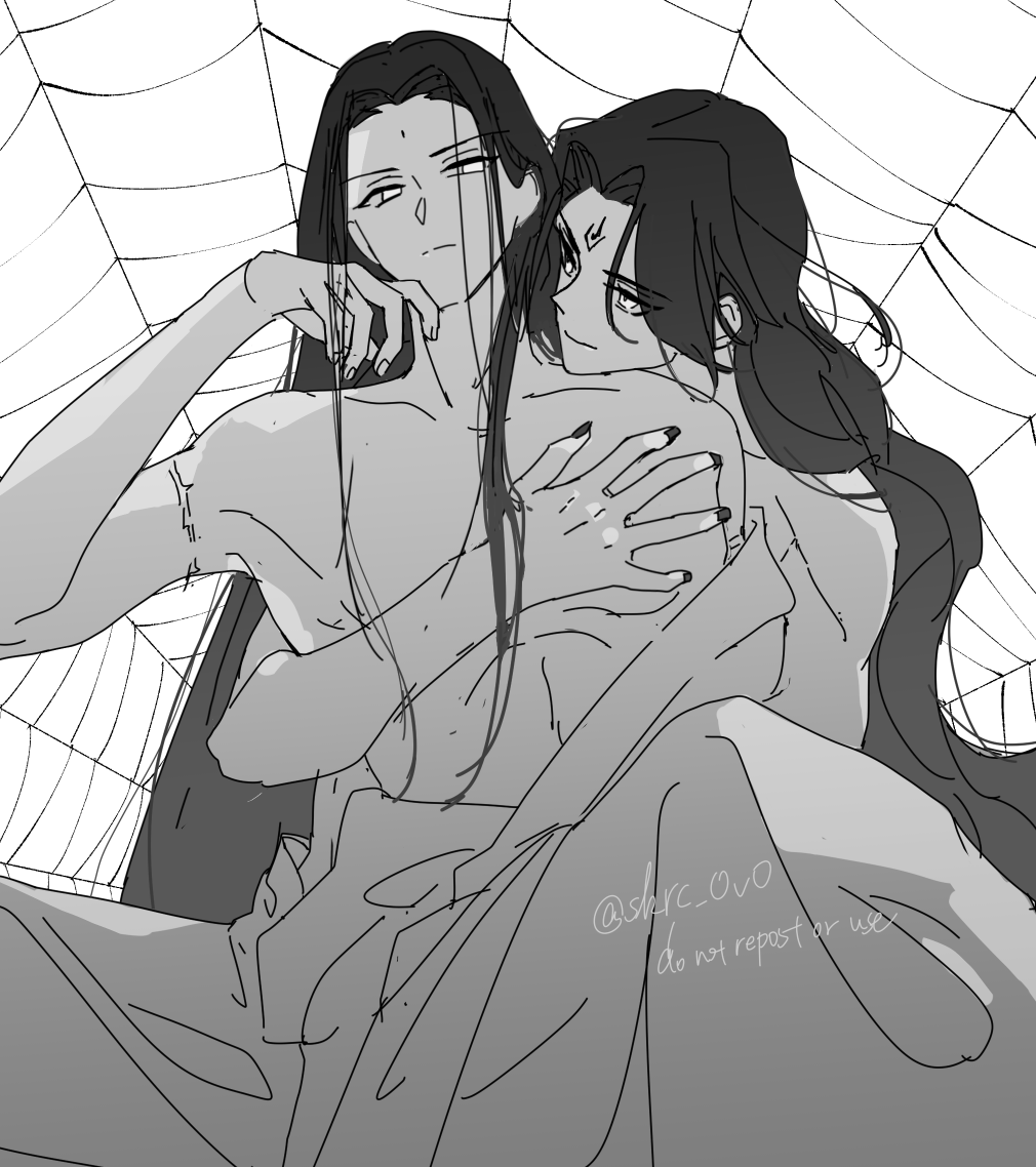 sakuramochi1003, luo binghe, shen qingqiu, zuiyin, renzha fanpai zijiu xitong, commentary request, 2boys, armpits, bindi, black hair, black nails, closed mouth, collarbone, curled fingers, curly hair, feet out of frame, from below, hair down, hand on another's chest, hand on own chin, head on another's shoulder, hug, hug from behind, knees up, long hair, looking at another, looking at viewer, male focus, monochrome, multiple boys, parted bangs, pectorals, scar, scar on arm, shade, silk, single off shoulder, sitting, spider web, straight hair, topless male, twitter username, v-shaped eyebrows, very long hair, wavy hair, white background, yaoi