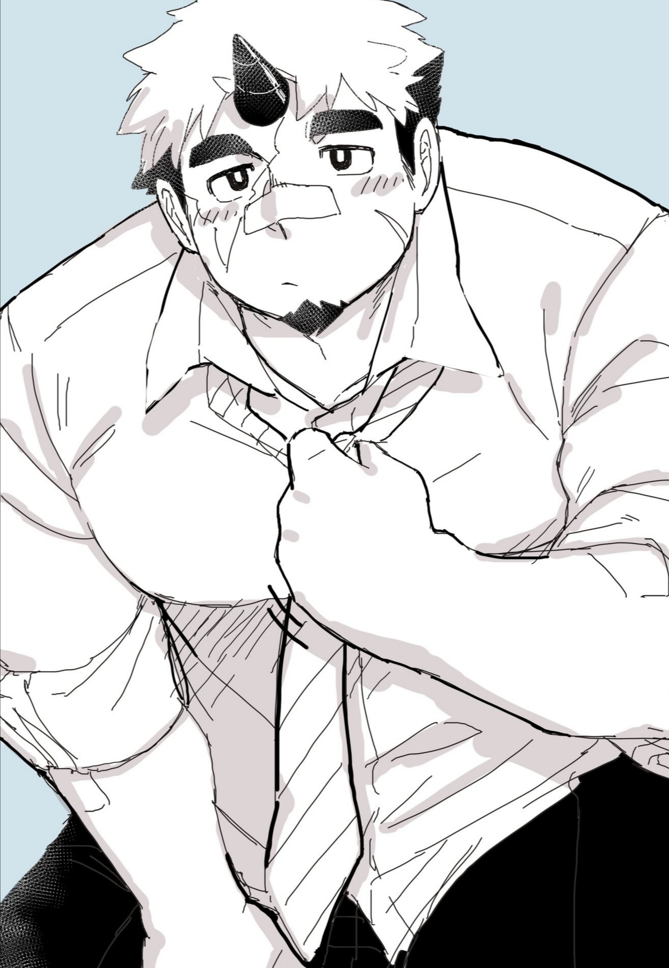 haishiba ame, akiha gongen (housamo), tokyo houkago summoners, commentary request, highres, 1boy, bandaid, bandaid on face, bandaid on nose, bara, blush, facial hair, goatee, greyscale with colored background, horns, huge eyebrows, large pectorals, leaning forward, looking at viewer, loose necktie, male focus, muscular, muscular male, necktie, pectorals, sanpaku, short hair, sideways mouth, single horn, sketch, solo