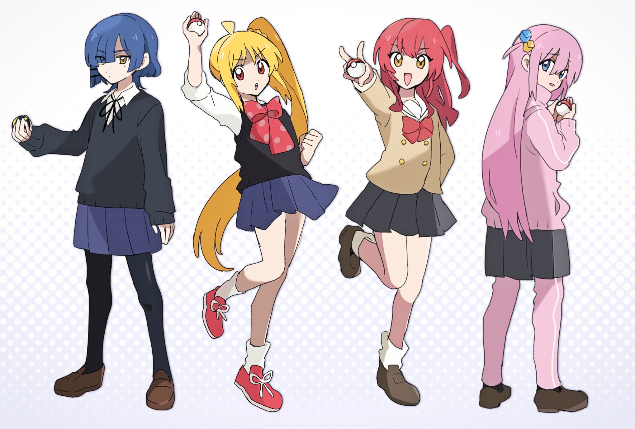 fuji 1221, gotoh hitori, ijichi nijika, kita ikuyo, yamada ryo, bocchi the rock!, commentary request, highres, 4girls, blonde hair, blue eyes, blue hair, cup, hair ornament, kessoku band, long hair, multiple girls, open mouth, pantyhose, pink hair, polka dot, polka dot background, school uniform, short hair, skirt, smile, twintails, yellow eyes