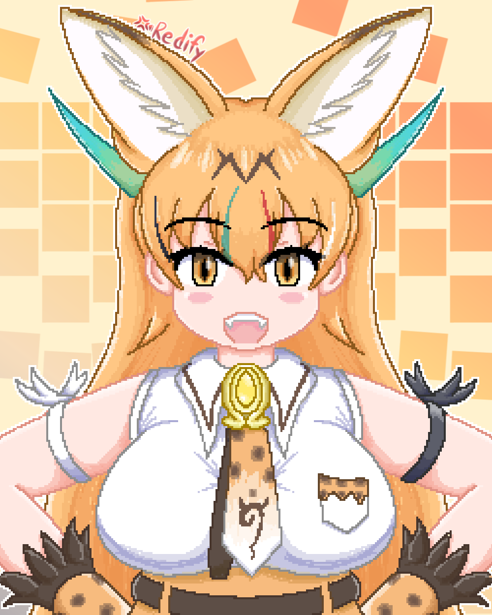 dragon serval (kemono friends), kemono friends, kemono friends 3, commentary, english commentary, highres, 1girl, animal ears, animal print, bare shoulders, blonde hair, cat ears, cat print, dragon girl, fangs, fingerless gloves, frilled gloves, frills, gloves, hair between eyes, high-waist skirt, horns, iredify, japari symbol, long hair, looking at viewer, multicolored horns, necktie, pixel art, print gloves, print necktie, rainbow horns, shirt, skirt, sleeveless, smile, solo, tail, white shirt, yellow eyes, yellow gloves, yellow necktie, yellow skirt