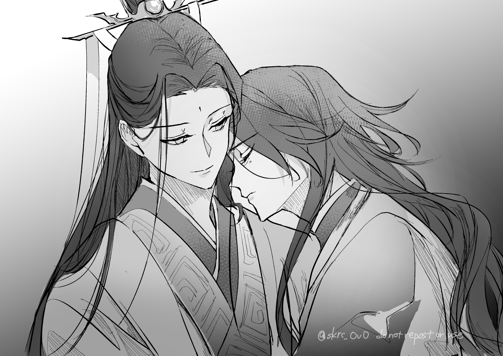 sakuramochi1003, luo binghe, shen qingqiu, renzha fanpai zijiu xitong, commentary request, highres, 2boys, bindi, black hair, chinese clothes, closed eyes, closed mouth, curtained hair, gradient background, grey background, half-closed eyes, half updo, hanfu, heads together, long hair, looking at another, male focus, monochrome, multiple boys, parted hair, portrait, profile, ribboned xiao guan, smile, straight hair, twitter username, wavy hair, wolf cut, yaoi