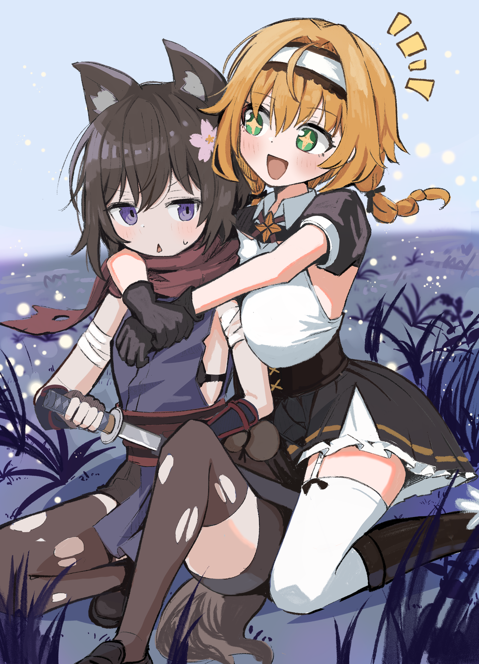 thomason366, commission, highres, skeb commission, animal ear fluff, animal ears, armor, armpit cutout, bandaged arm, bandages, boots, braid, breasts, brooch, clothing cutout, corset, fingerless gloves, garter straps, gloves, green eyes, hair ribbon, hairband, hug, illusive domain, japanese armor, japanese clothes, jewelry, katana, kiriko (illusive domain), knee boots, kote, large breasts, louise (illusive domain), low twin braids, purple eyes, red scarf, ribbon, scarf, star-shaped pupils, star (symbol), star brooch, sword, symbol-shaped pupils, thighhighs, torn clothes, torn thighhighs, twin braids, weapon, wolf girl