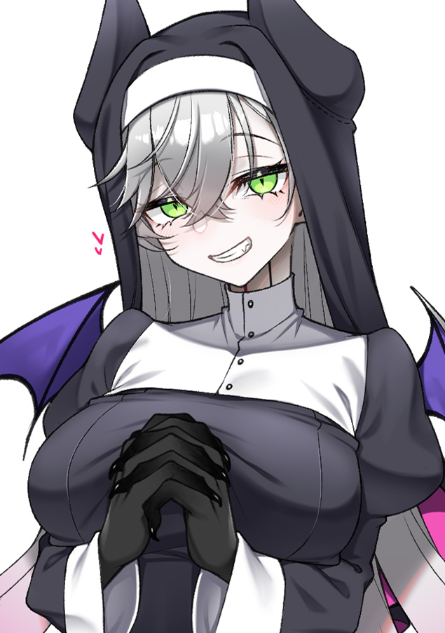 watosu, lilith (fate), fate/grand order, fate (series), commentary request, 1girl, breasts, demon horns, demon wings, fingernails, green eyes, grey hair, grin, heart, horns, large breasts, long hair, nun, own hands clasped, own hands together, sharp fingernails, smile, white background, wings