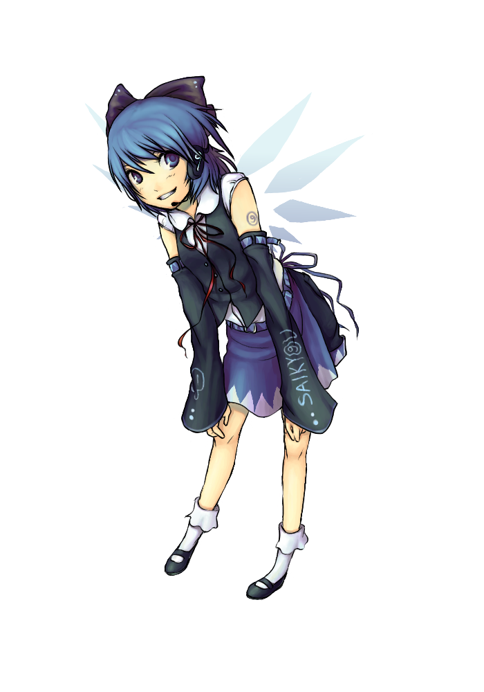 daikai, cirno, hatsune miku, touhou, vocaloid, bad id, bad pixiv id, translated, blue eyes, blue hair, circled 9, cosplay, detached sleeves, grin, hatsune miku (cosplay), headset, mary janes, shoes, short hair, simple background, smile, solo, wings
