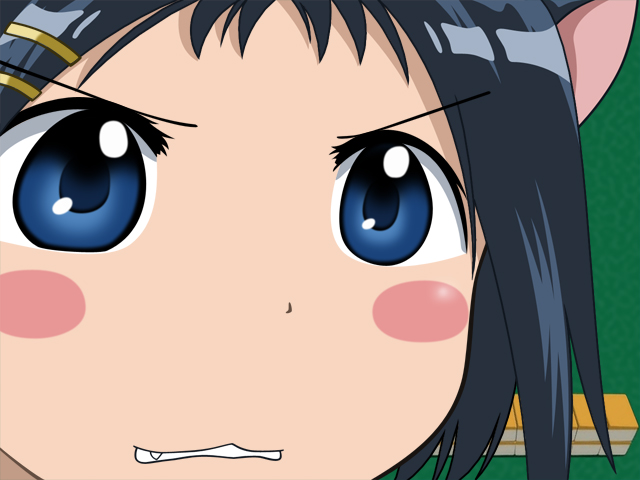 ikeda kana, saki (manga), 00s, 1girl, angry, black hair, blue eyes, clenched teeth, close-up, female focus, gununu (meme), hair ornament, hairclip, meme, solo, teeth, underwear