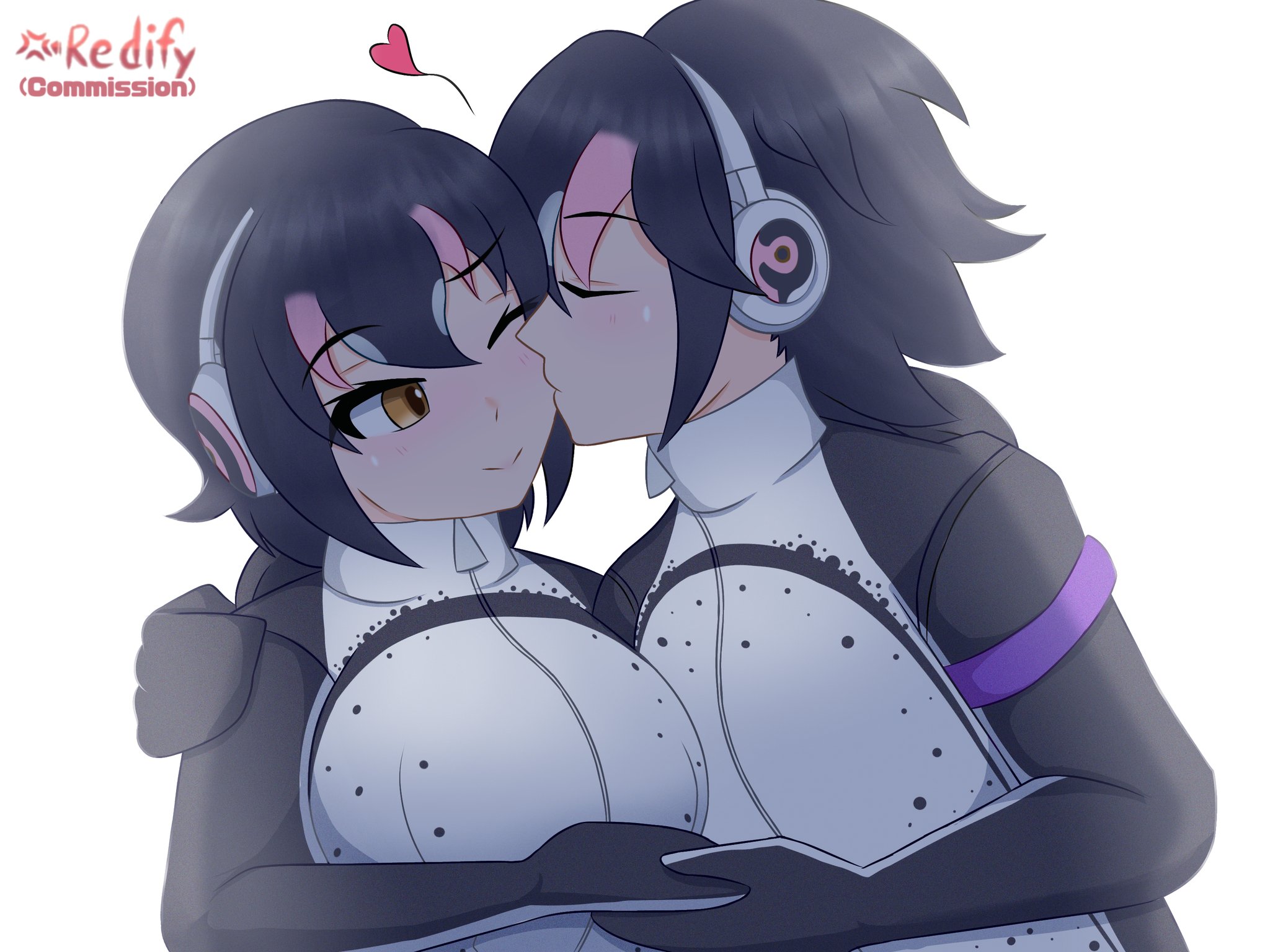 grape-kun, humboldt penguin (kemono friends), kemono friends, real life, highres, 1boy, 1girl, animal costume, black hair, blush, brown eyes, closed eyes, gloves, headphones, heart, hood, hoodie, humanization, iredify, jacket, kiss, looking at viewer, multicolored hair, penguin costume, penguin girl, pink hair, short hair, simple background, smile, tail