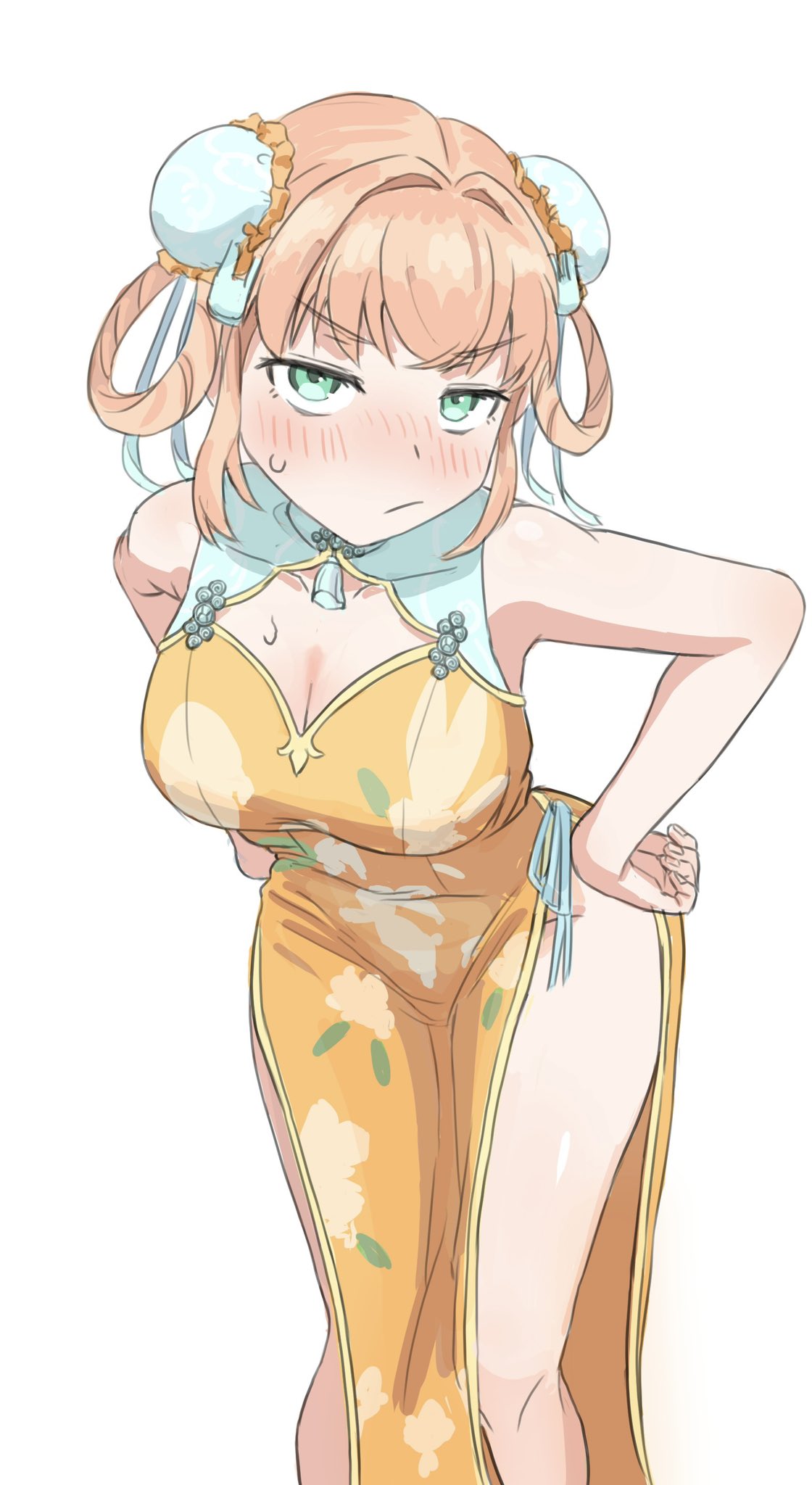 wotan (wotandesu), hinoshita kaho, link! like! love live!, love live!, commentary request, highres, 1girl, :/, blonde hair, blush, breasts, bun cover, china dress, chinese clothes, cleavage, cleavage cutout, clothing cutout, dress, floral print, floral print dress, green eyes, hair bun, hair rings, hands on own hips, leaning forward, looking at viewer, print dress, simple background, solo, white background, yellow dress