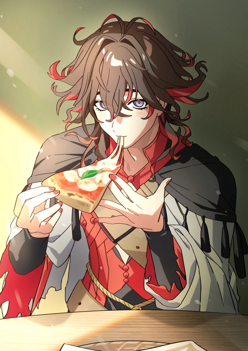 dante alighieri (fate), fate/grand order, fate (series), highres, 1boy, brown hair, cheese, cheese trail, colored inner hair, eating, food, grey hair, male focus, mmm 11091, multicolored hair, pizza, pizza slice, red nails