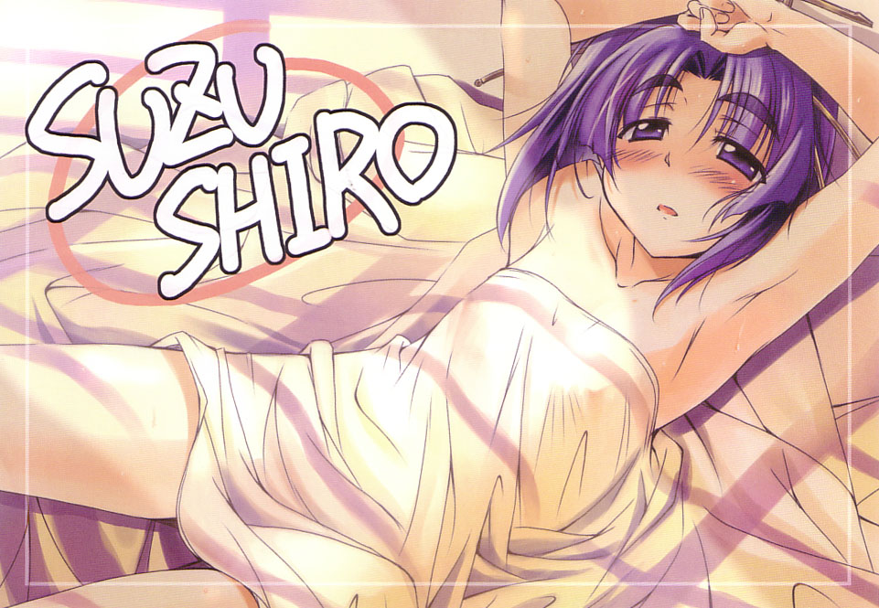 takeya masami, shikikagura suzushiro, princess waltz, eyebrows, 1girl, armpits, arms up, bed sheet, blanket, blush, female focus, flat chest, lying, naked sheet, on back, purple eyes, purple hair, short hair, solo, sweat