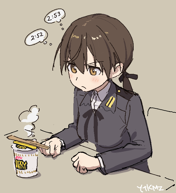 yutokamizu, gertrud barkhorn, strike witches, world witches series, commentary request, 1girl, blush, brown eyes, brown hair, hair ribbon, long hair, military, military uniform, ribbon, simple background, solo, steam, twintails