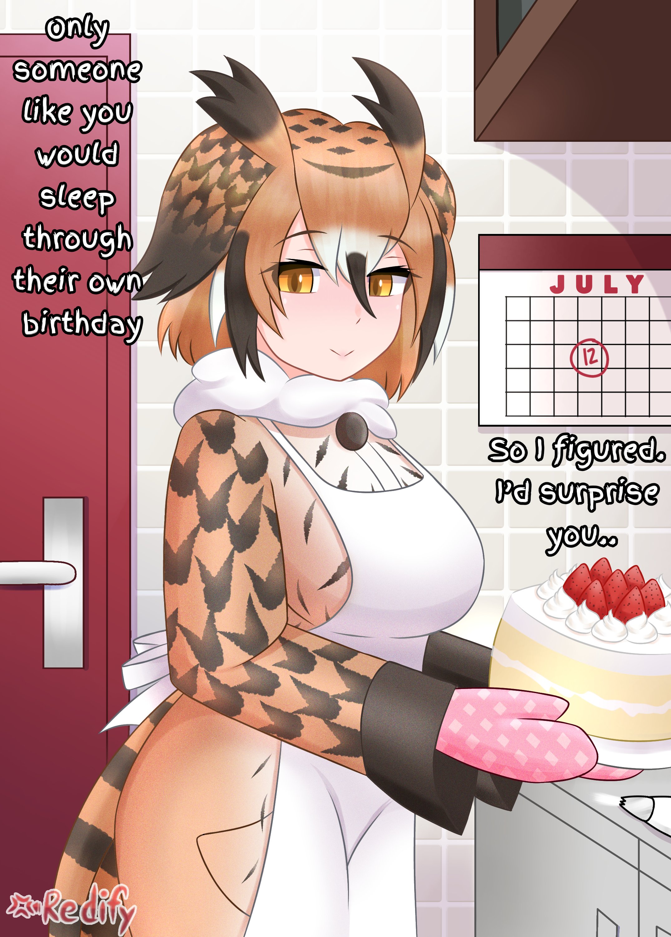 eurasian eagle owl (kemono friends), kemono friends, absurdres, commentary, english commentary, highres, 1girl, animal ears, apron, bird tail, black hair, blush, breasts, brown eyes, brown hair, cake, calendar (object), coat, english text, food, fur collar, gloves, grey hair, hair between eyes, head wings, iredify, large breasts, long sleeves, looking at viewer, multicolored hair, open mouth, oven mitts, owl ears, short hair, smile, solo, tail, white hair, wings