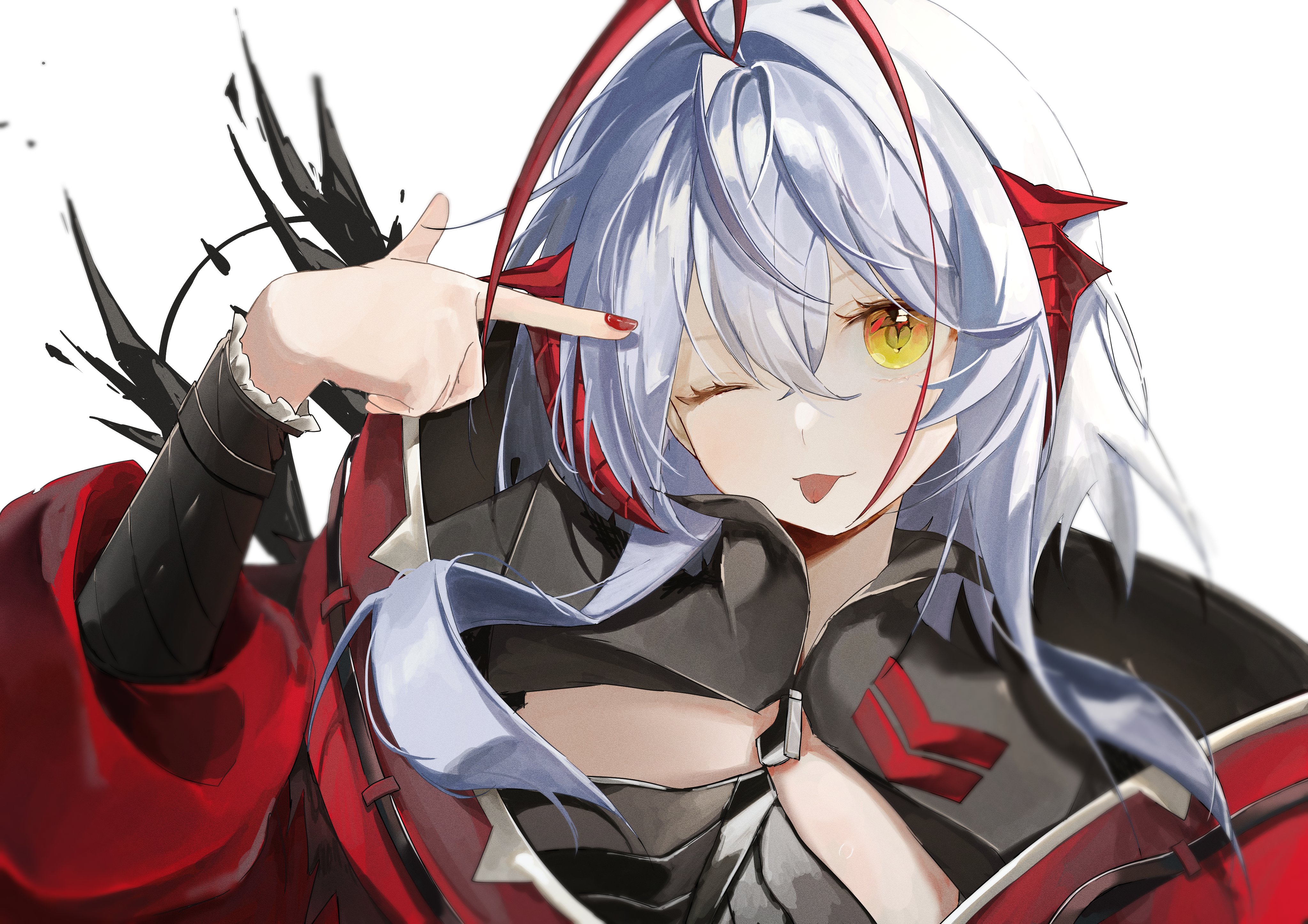 miyabi (inarizushi), w (arknights), wis'adel (arknights), arknights, absurdres, hashtag-only commentary, highres, 1girl, :p, antenna hair, closed mouth, hair between eyes, hand up, horns, jacket, long hair, looking at viewer, multicolored hair, nail polish, one eye closed, red horns, red jacket, red nails, red streaks, simple background, solo, tongue, tongue out, two-tone hair, upper body, white background, white hair, yellow eyes