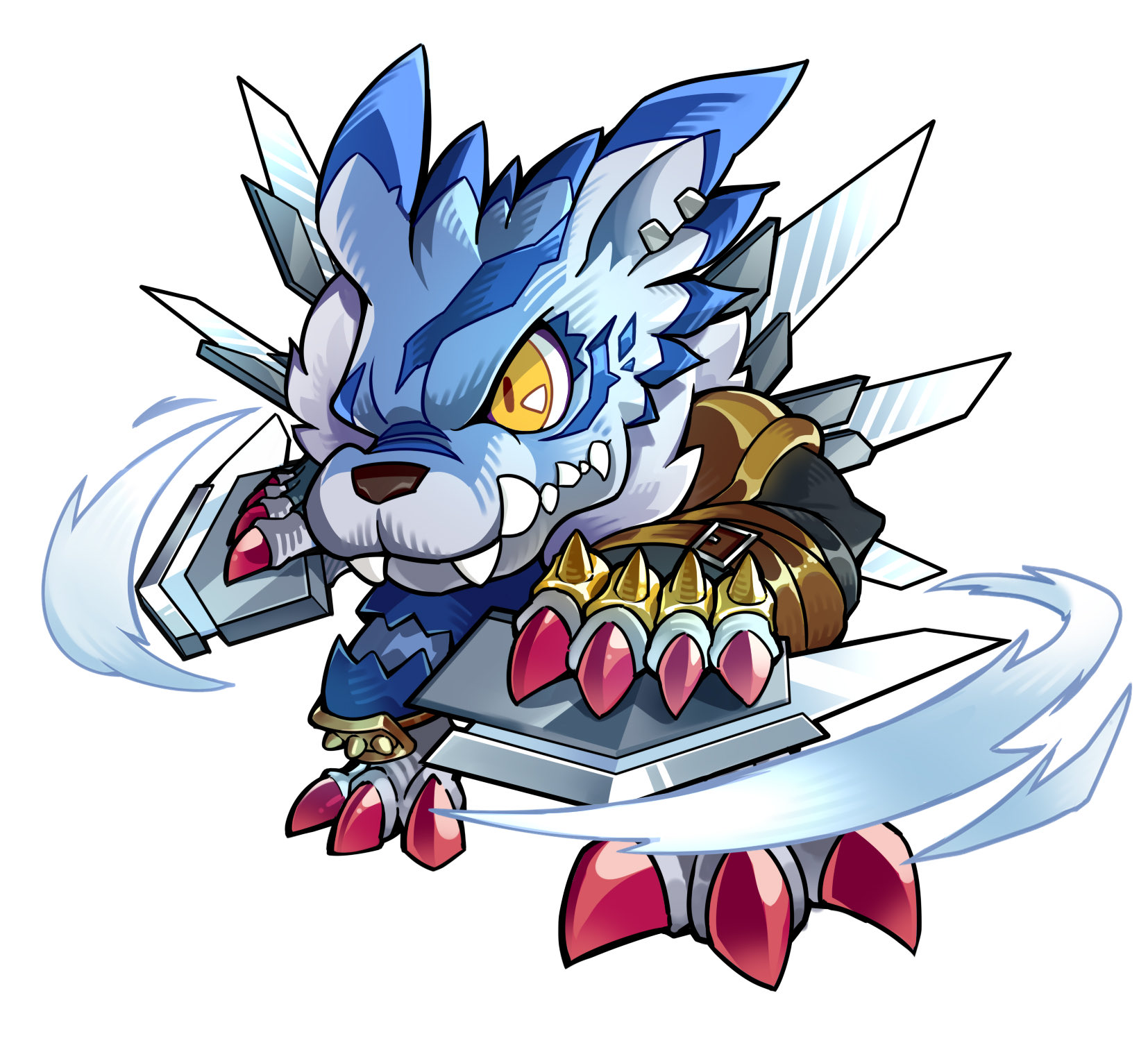weregarurumon, weregarurumon sagittarius mode, digimon, hashtag-only commentary, highres, 1boy, apollousa (hwcdmw1997), blue pants, brass knuckles, chibi, denim, digimon (creature), dual wielding, earrings, energy blade, energy wings, holding, jewelry, male focus, mechanical wings, pants, sharp teeth, simple background, solo, teeth, weapon, werewolf, white background, wings, wolf, yellow eyes