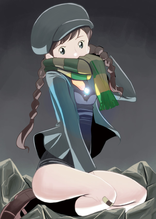 kouno (masao), sheeta, studio ghibli, tenkuu no shiro laputa, bad id, bad pixiv id, 1girl, bandages, bandaid, bandaid on knee, bandaid on leg, braid, brown hair, female focus, hat, hikouseki, newsboy cap, scarf, solo, striped clothes, striped scarf, twin braids, twintails