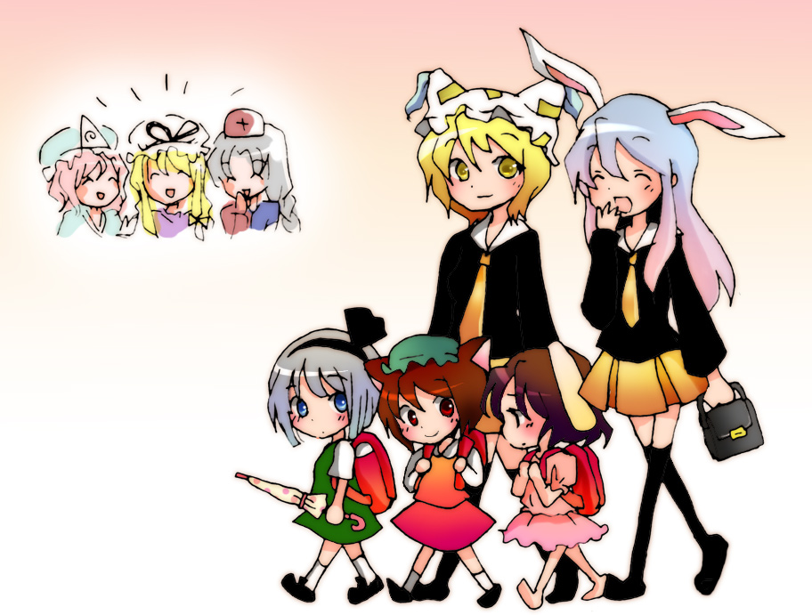 koroneri, chen, inaba tewi, konpaku youmu, reisen udongein inaba, saigyouji yuyuko, yagokoro eirin, yakumo ran, yakumo yukari, touhou, 6+girls, alternate costume, animal ears, animal hat, barefoot, blush, closed eyes, female focus, hair ribbon, hat, hat ribbon, long sleeves, mob cap, multiple girls, necktie, open mouth, rabbit ears, ribbon, school uniform, shoes, short hair, short sleeves, socks, tassel, thighhighs, triangular headpiece, umbrella