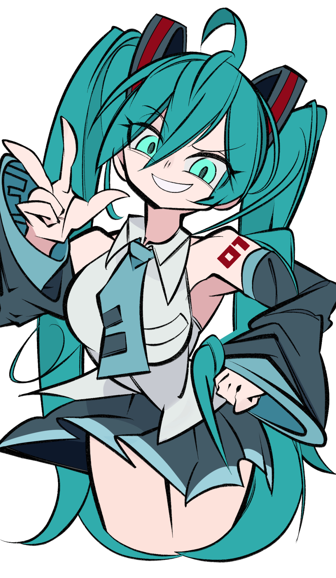 cxdotchison, hatsune miku, vocaloid, commentary, highres, 1girl, ahoge, aqua eyes, aqua hair, bare shoulders, black skirt, breasts, detached sleeves, grey shirt, hair between eyes, long hair, looking at viewer, miku day, miniskirt, number tattoo, shirt, shoulder tattoo, simple background, skirt, sleeveless, sleeveless shirt, smile, solo, tattoo, twintails, v, white background