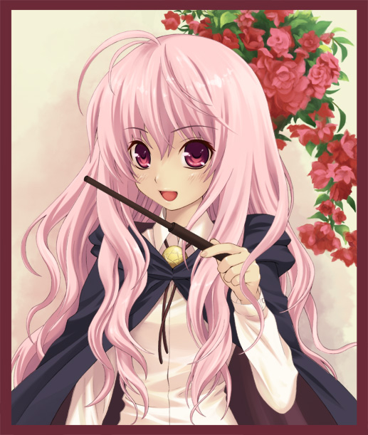 hitsujimura saki, louise francoise le blanc de la valliere, zero no tsukaima, 00s, 1girl, blush, cape, female focus, flower, long hair, pentacle, pink eyes, pink hair, red flower, red rose, rose, solo, wand