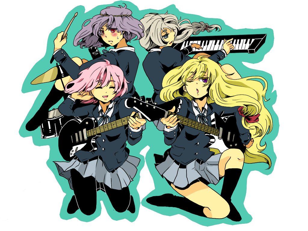 buua, saigyouji yuyuko, yagokoro eirin, yakumo yukari, yasaka kanako, k-on!, touhou, 4girls, ^ ^, alternate costume, blazer, blonde hair, blue eyes, blue hair, closed eyes, contemporary, cymbals, drum, drum set, drumsticks, electric guitar, female focus, gibson les paul, grey hair, guitar, instrument, jacket, keyboard, keyboard (instrument), left-handed, long hair, multiple girls, open mouth, pantyhose, parody, pink hair, purple eyes, purple hair, red eyes, school uniform, short hair, skirt, smile, wings