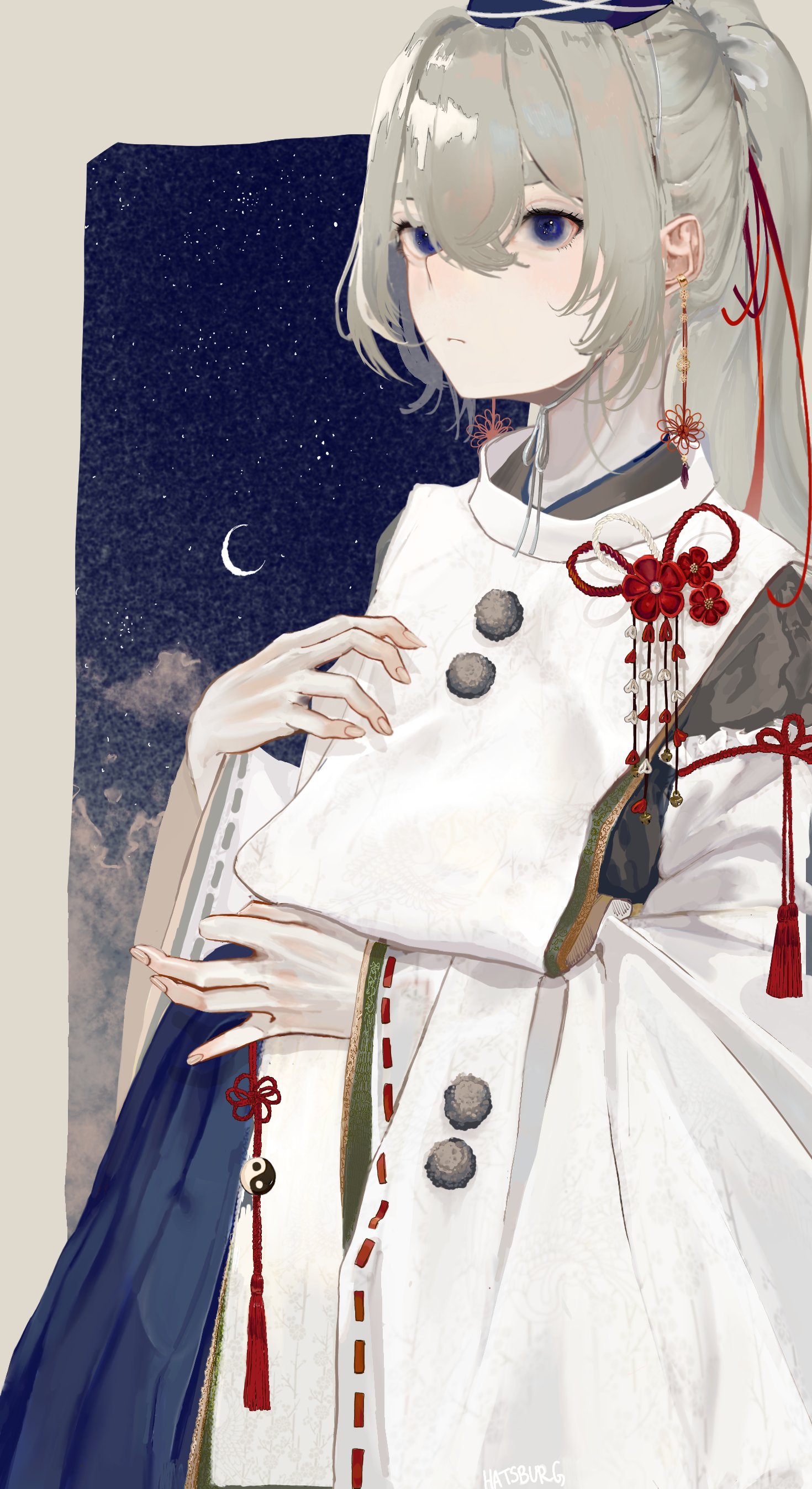 hatsburg, mononobe no futo, touhou, absurdres, commentary, english commentary, highres, 1girl, blue eyes, blue hat, border, closed mouth, cloud, cowboy shot, crescent moon, expressionless, grey border, grey hair, grey kimono, hair between eyes, hand on own chest, hand on own stomach, hat, hat ribbon, japanese clothes, kariginu, kimono, layered sleeves, light blush, light frown, long hair, long sleeves, looking ahead, looking at viewer, moon, night, night sky, outdoors, outside border, pillarboxed, pom pom (clothes), ponytail, red ribbon, ribbon, ribbon-trimmed sleeves, ribbon trim, short kimono, sky, solo, standing, star (sky), starry sky, tassel, tate eboshi, very long hair, white ribbon, wide sleeves, yin yang