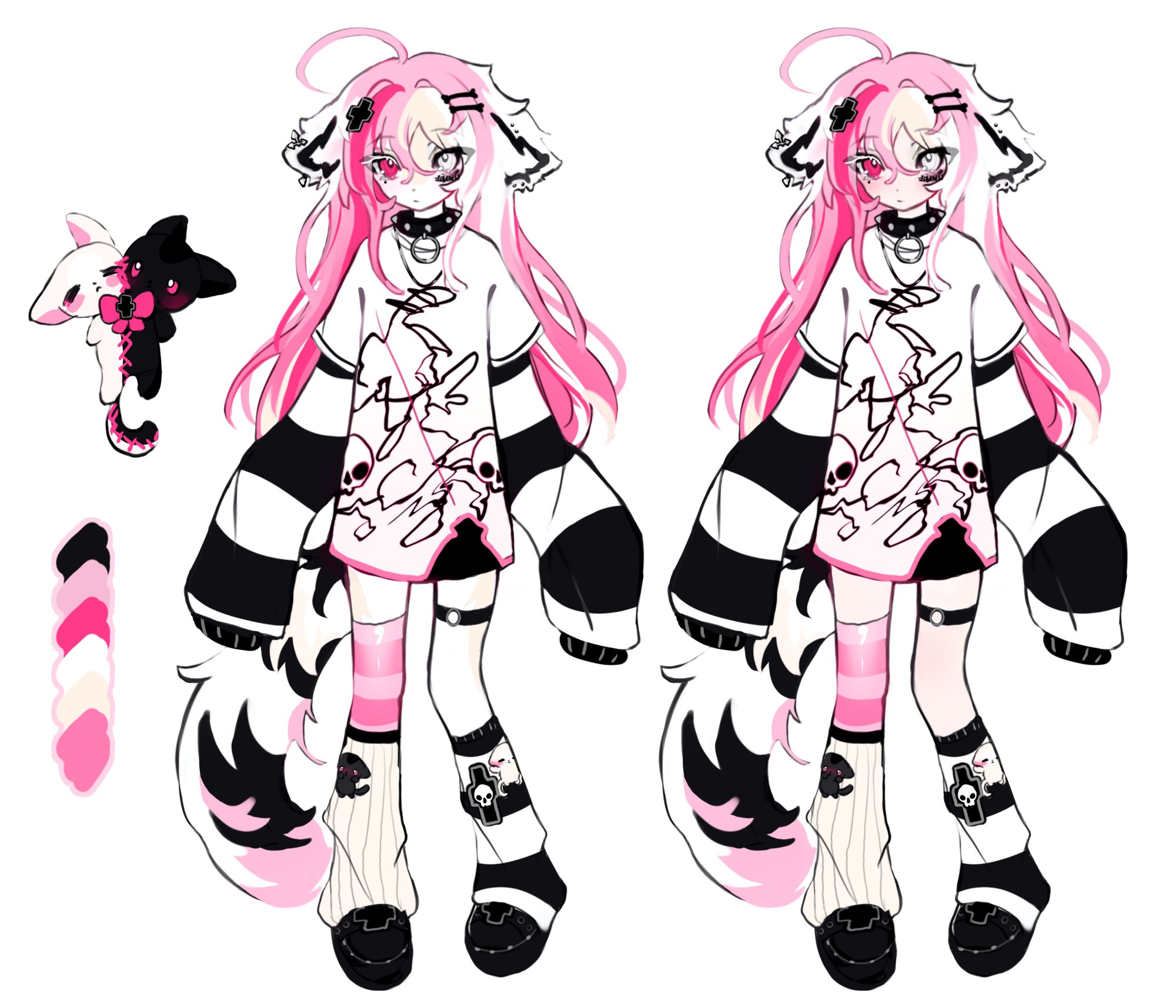 cloud (lufaeris), original, commentary, english commentary, highres, 1girl, ahoge, animal ears, black collar, black shoes, closed mouth, collar, color guide, full body, hair between eyes, heterochromia, leg warmers, long sleeves, looking at viewer, multiple views, pink eyes, pink hair, pink thighhighs, shirt, shoes, simple background, single thighhigh, sleeves past fingers, sleeves past wrists, striped clothes, striped thighhighs, tail, thigh strap, thighhighs, white background, white eyes, white leg warmers, white shirt