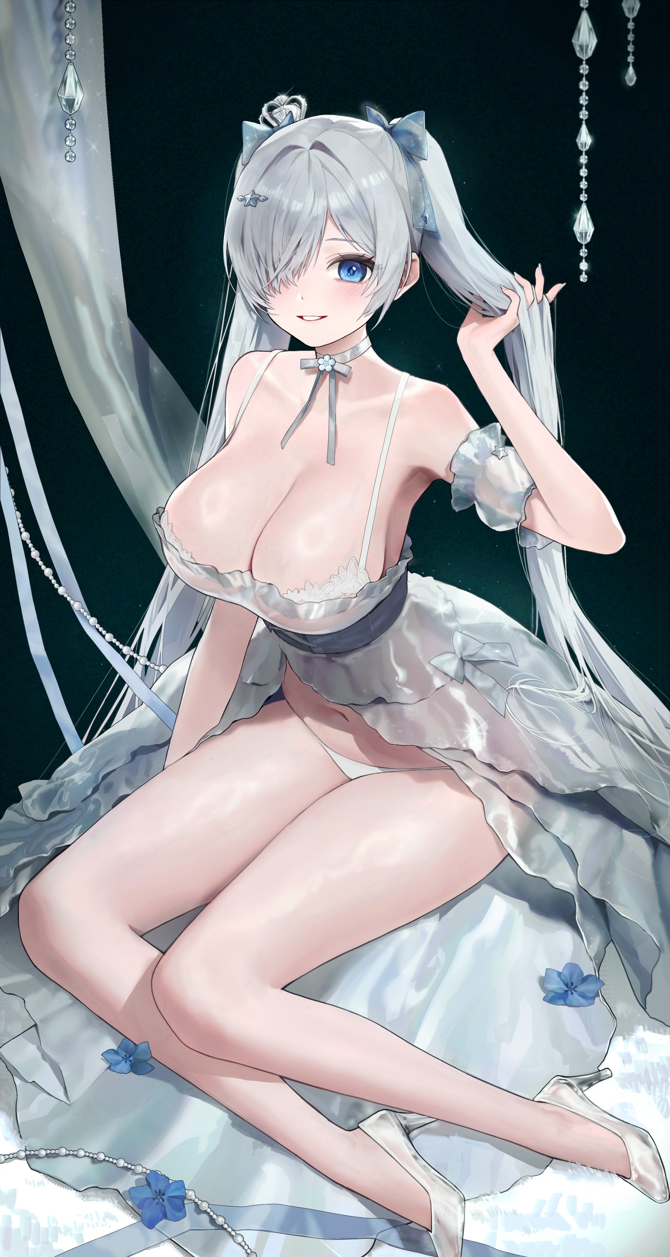 kir (khw66136132), cinderella (glass princess) (nikke), cinderella (nikke), goddess of victory: nikke, absurdres, commentary, english commentary, highres, 1girl, bare shoulders, black background, blue eyes, blush, breasts, cleavage, collarbone, full body, hair ornament, hair over one eye, hand up, high heels, large breasts, long hair, navel, official alternate costume, one eye covered, panties, parted lips, shoes, sitting, smile, solo, star (symbol), star hair ornament, thighs, twintails, underwear, white hair, white panties, white shoes