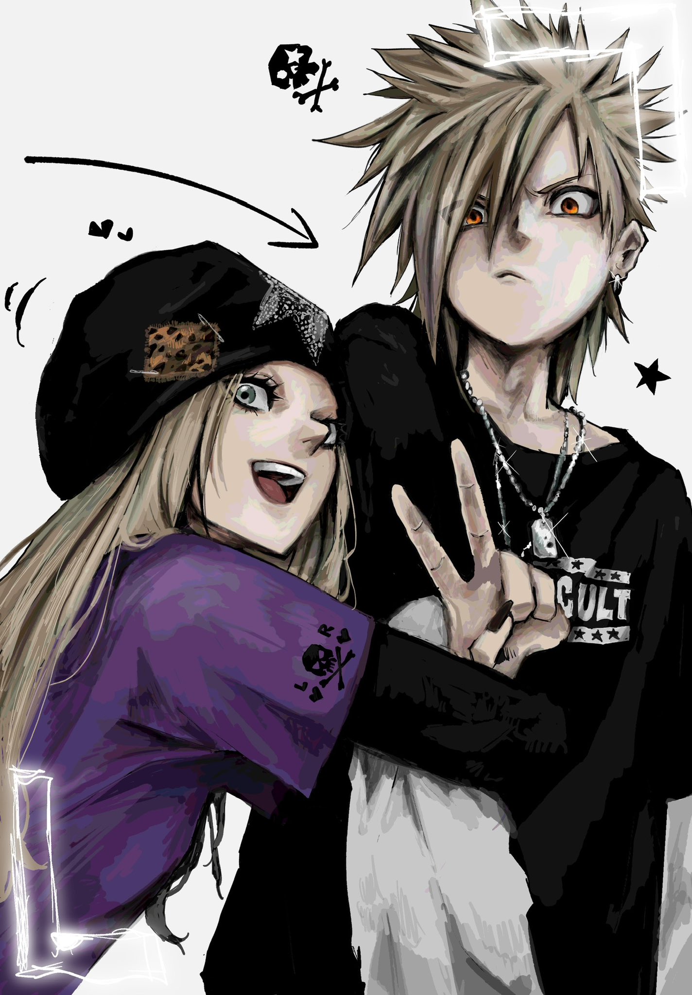 nu punxxxz, original, silver necklace, highres, 1boy, 1girl, :d, :v, animal print, arm hug, arrow (symbol), beanie, black hat, black nails, black shirt, blonde hair, blue eyes, embroidered hat, emo fashion, fingernails, hair between eyes, hat, jewelry, layered sleeves, leopard print, long fingernails, long hair, looking at viewer, necklace, open mouth, orange eyes, print shirt, purple shirt, safety pin, shirt, simple background, skull and crossbones, smile, spiked hair, star (symbol), t-shirt, teeth, upper teeth only, v, v-shaped eyebrows, white background