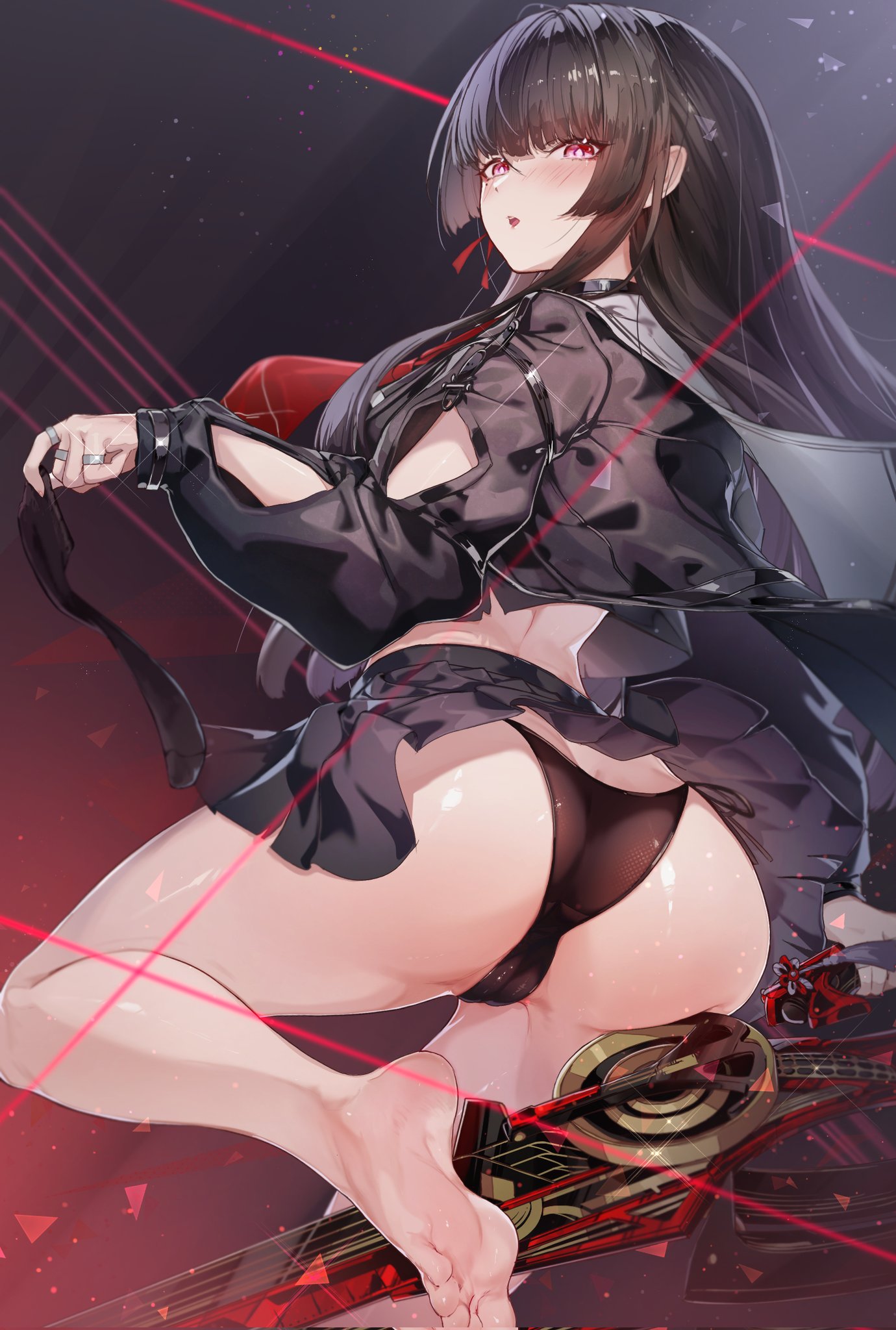 ura illust, chisa (wuthering waves), wuthering waves, commentary, corrupted twitter file, highres, paid reward available, 1girl, arm cutout, ass, bare legs, barefoot, black choker, black hair, black jacket, black panties, black skirt, black socks, blush, breasts, cameltoe, choker, clothing cutout, feet, from behind, hair ribbon, holding, holding sock, holding sword, holding weapon, jacket, large breasts, legs, long hair, long sleeves, looking at viewer, looking back, mole, mole under eye, neckerchief, panties, parted lips, red eyes, red neckerchief, red ribbon, ribbon, sailor collar, skirt, socks, soles, solo, sword, thighs, toes, underwear, unworn socks, weapon, white sailor collar