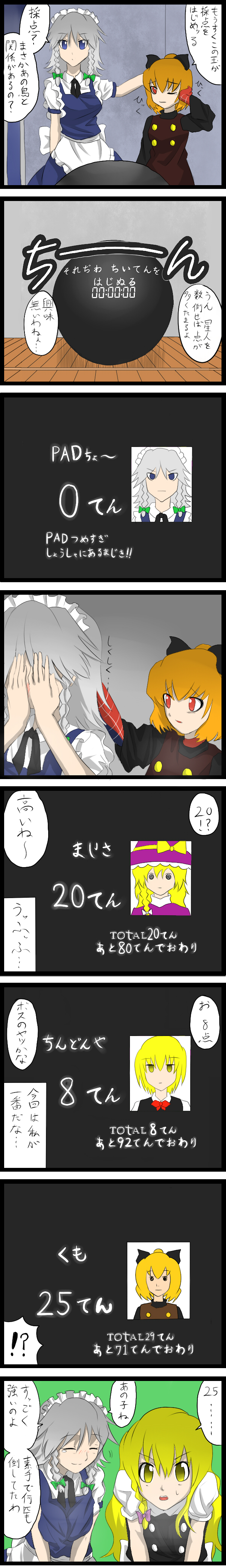 aldehyde, izayoi sakuya, kirisame marisa, kurodani yamame, lunasa prismriver, gantz, touhou, absurdres, bad id, bad pixiv id, highres, long image, tall image, translation request, 4girls, blonde hair, comic, female focus, multiple girls, parody