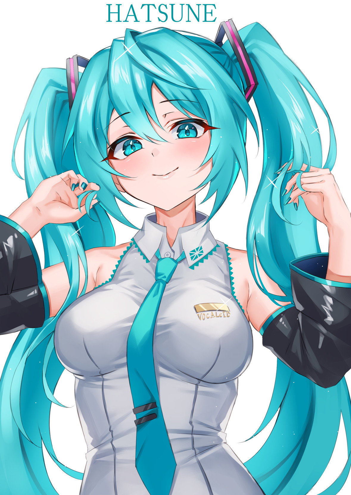 inue ao, hatsune miku, vocaloid, commentary request, highres, 1girl, aqua eyes, aqua hair, aqua necktie, aqua trim, arm up, armpit crease, blush, breasts, collared shirt, detached sleeves, grey background, grey shirt, hair between eyes, hair ornament, long hair, long sleeves, looking at viewer, medium breasts, necktie, open mouth, pleated skirt, shirt, simple background, skirt, sleeveless, sleeveless shirt, smile, solo, twintails, upper body, very long hair, wide sleeves