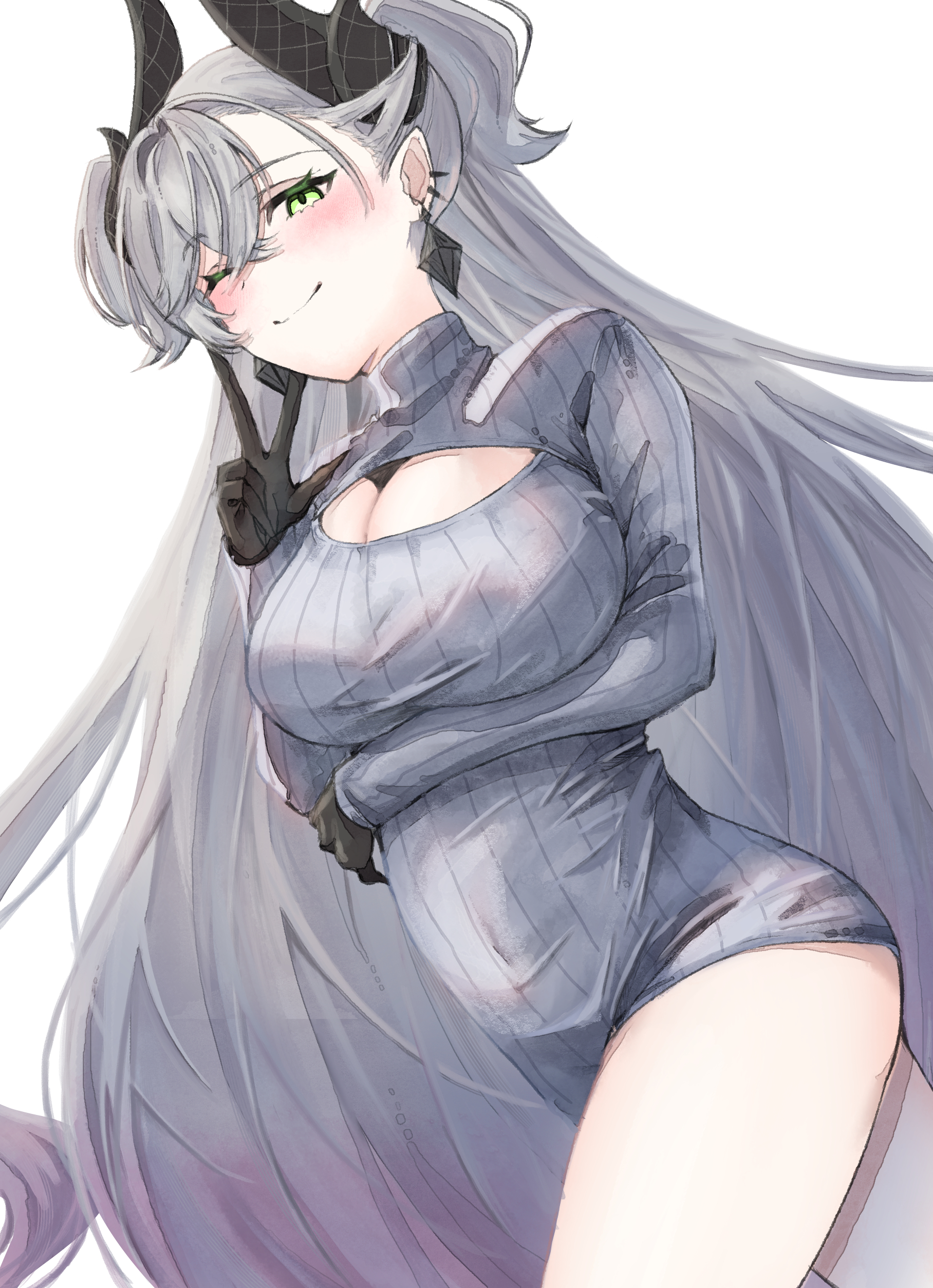 pon-de-c2, lilith (fate), fate/grand order, fate (series), absurdres, commentary request, highres, breasts, cleavage, cleavage cutout, clothing cutout, demon horns, dress, earrings, gradient hair, green eyes, horns, jewelry, large breasts, looking at viewer, multicolored hair, one eye closed, pink hair, signature, smile, sweater, sweater dress, twintails, white hair