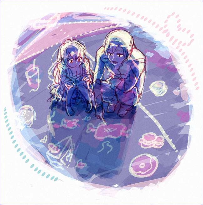 chiko (beroro), aisaka taiga, takasu ryuuji, toradora!, 00s, 1boy, 1girl, :d, :o, blue theme, chalk, kneeling, long sleeves, monochrome, open mouth, short hair, simple background, skirt, smile, umbrella, underwear, water, white background