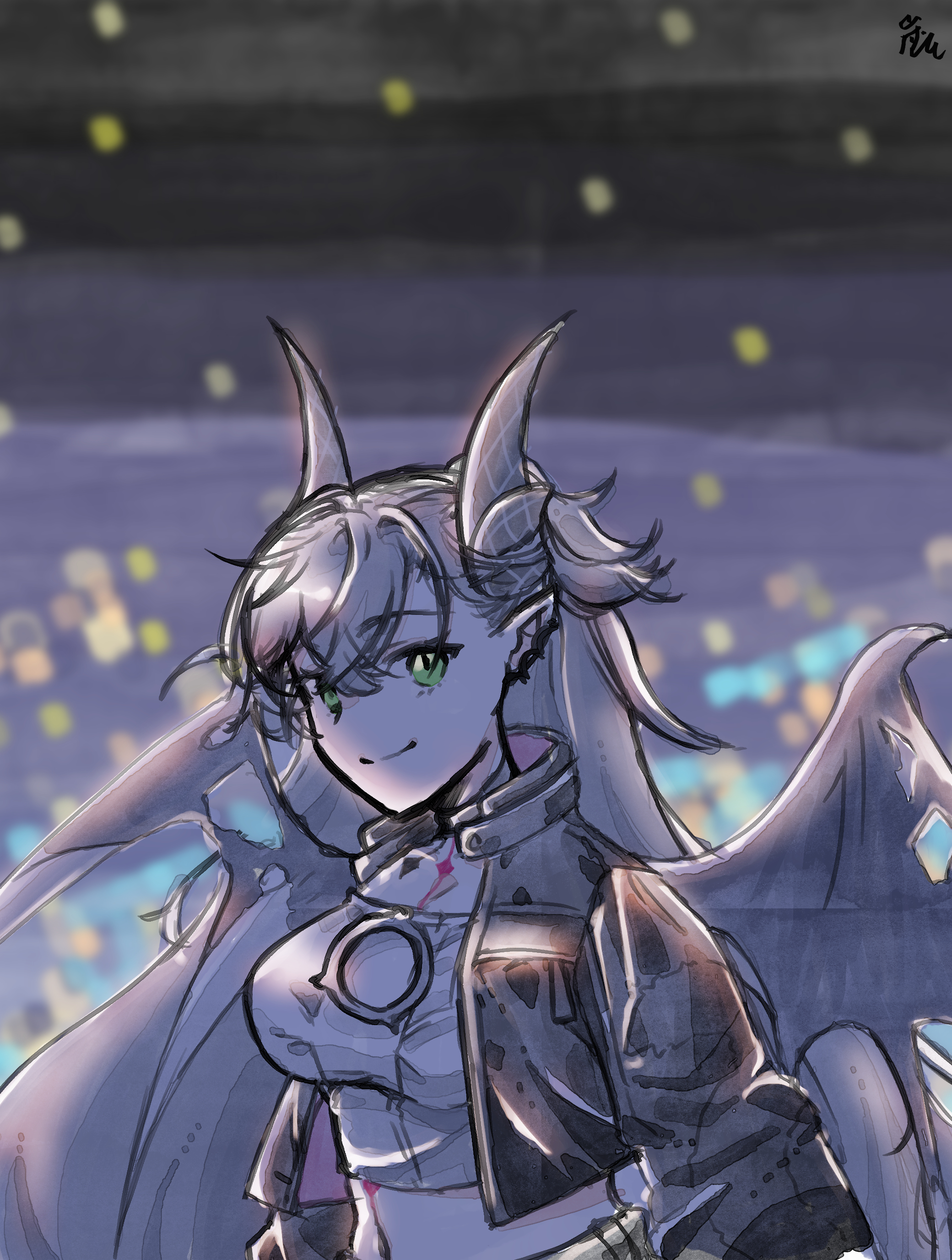 pon-de-c2, lilith (fate), fate/grand order, fate (series), absurdres, commentary request, highres, black jacket, breasts, chest tattoo, cleavage, demon horns, earrings, green eyes, horns, jacket, jewelry, large breasts, lilith (over the same sky) (fate), long hair, looking at viewer, midriff, neck tattoo, open clothes, open jacket, signature, smile, tattoo, twintails, white hair, wings