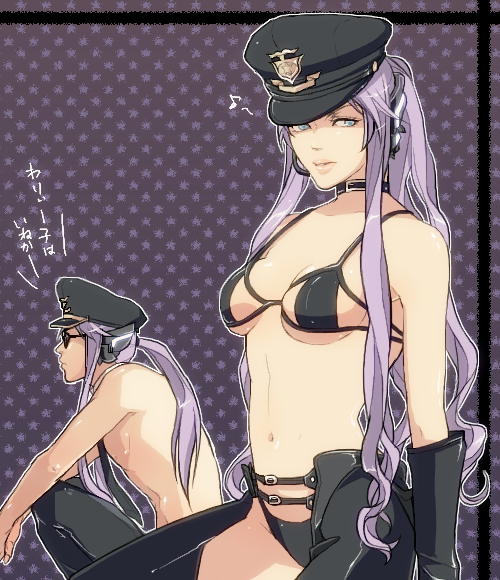 hxaxcxk, saki (hxaxcxk), gakuko, kamui gakupo, vocaloid, bad id, bad pixiv id, gender request, 1boy, 1girl, bikini, genderswap, hat, peaked cap, ponytail, purple eyes, purple hair, swimsuit, thighhighs