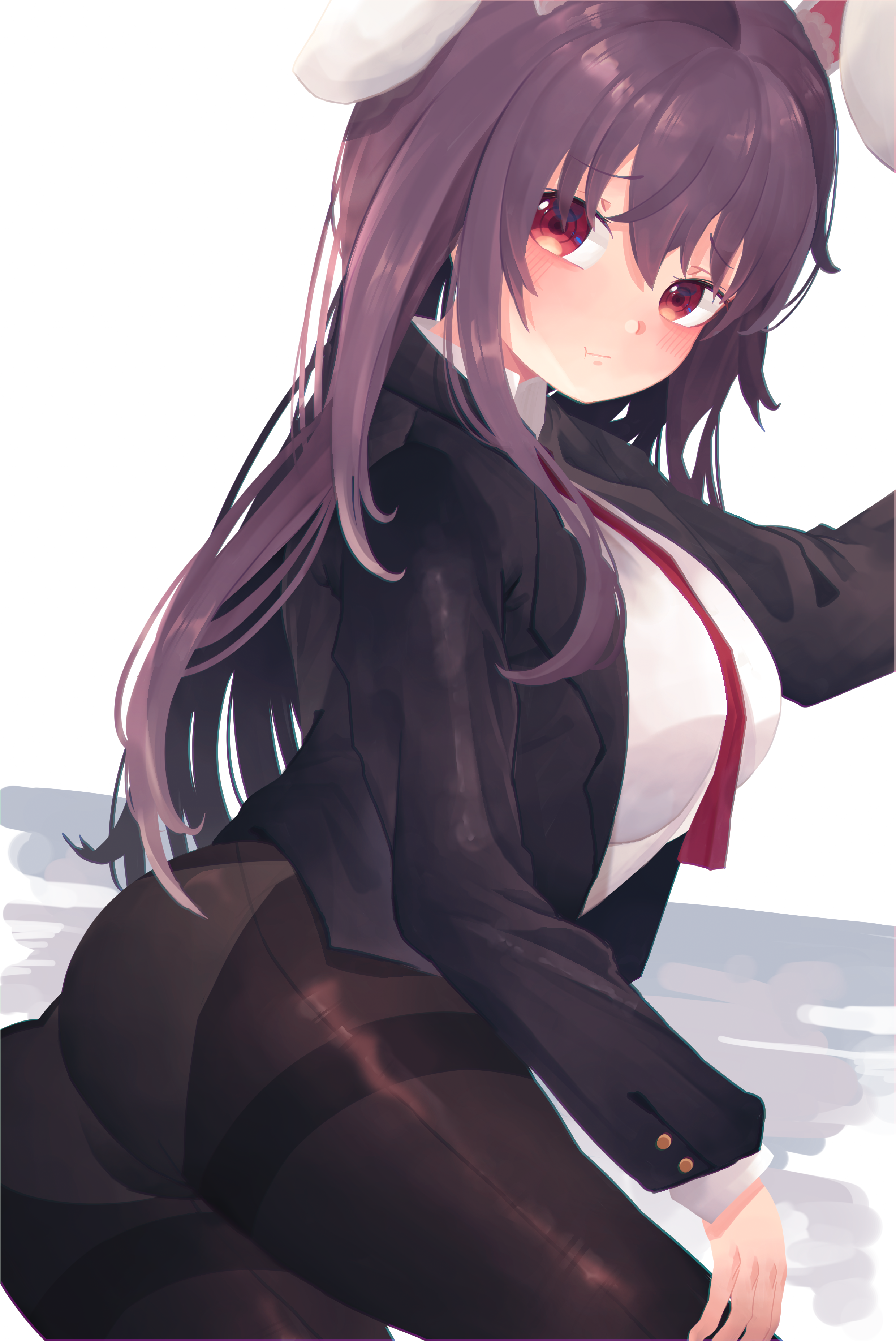 penglai tea, reisen udongein inaba, touhou, absurdres, commentary, highres, 1girl, animal ears, ass, black jacket, black pantyhose, from behind, jacket, long hair, looking at viewer, necktie, no pants, pantyhose, purple hair, rabbit ears, rabbit girl, red eyes, red necktie, shirt, solo, thighband pantyhose, white shirt