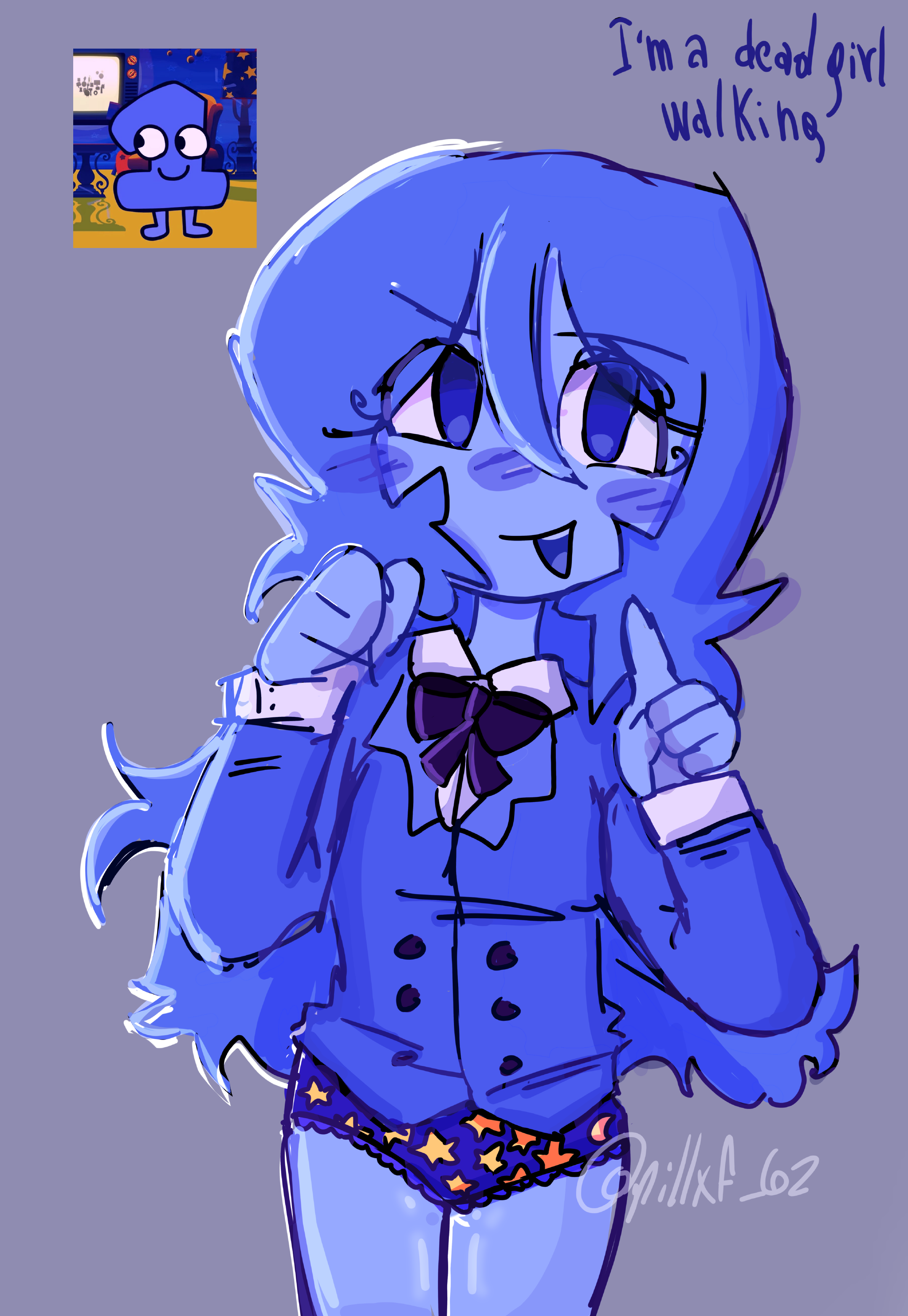 tpot, battle for dream island, absurdres, highres, non-web source, 1girl, ass, bfdi, blue blush, blue bow, blue hair, blush, bow, breasts, cosplay, eyelashes, one (bfdi), one (tpot), panties, small breasts, underwear, white panties