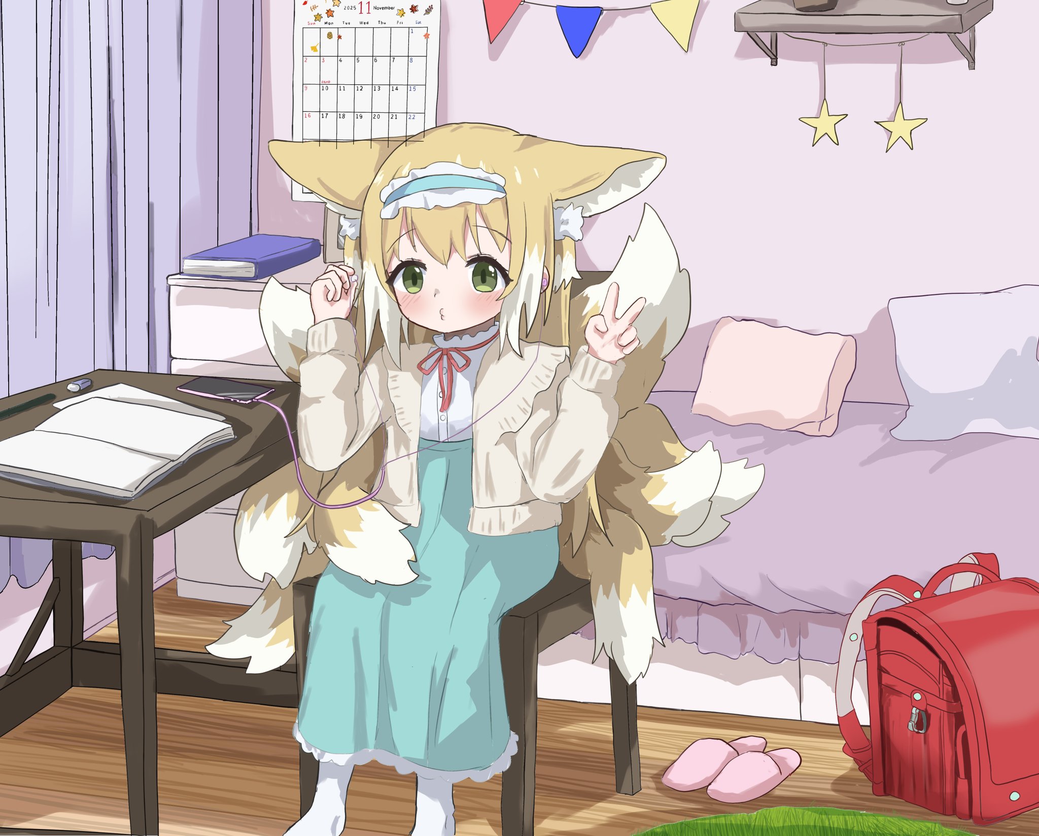 chefcooo jk, suzuran (arknights), suzuran (spring praise) (arknights), arknights, commentary request, highres, 1girl, animal ears, backpack, bag, blonde hair, fox ears, fox girl, fox tail, frills, green eyes, hairband, indoors, kitsune, kyuubi, long sleeves, multicolored hair, multiple tails, neck ribbon, official alternate costume, red ribbon, ribbon, shirt, sitting, skirt, solo, tail, white shirt
