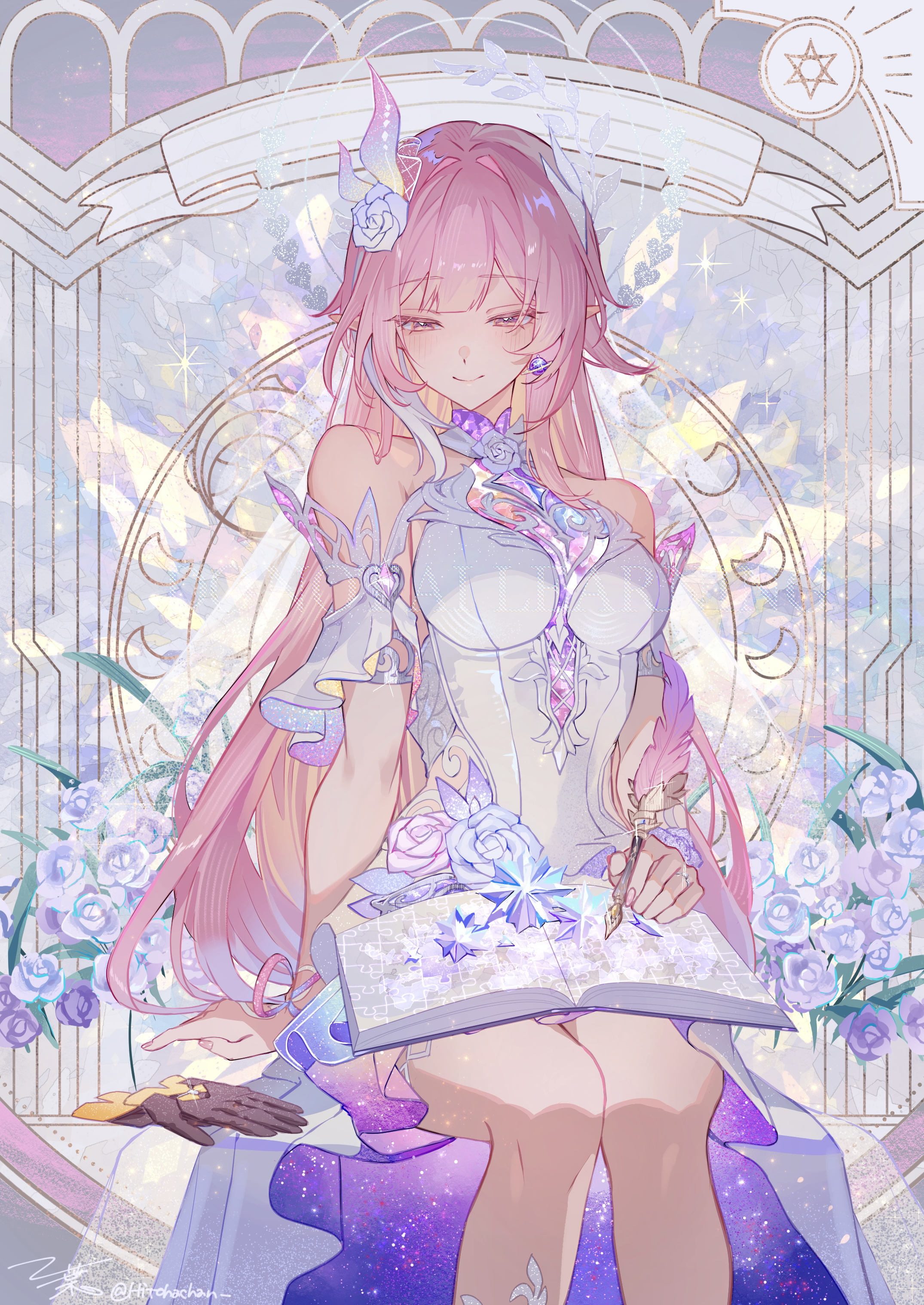 hitohachan, cyrene (honkai: star rail), cyrene (ripples of past reverie) (honkai: star rail), honkai: star rail, honkai (series), absurdres, commentary request, highres, partial commentary, 1girl, as i've written (honkai: star rail), bare shoulders, book, breasts, closed mouth, dress, feet out of frame, flower, hair flower, hair ornament, holding, holding quill, looking down, medium breasts, open book, pink eyes, pointy ears, purple flower, purple rose, quill, rose, sidelocks, sitting, smile, solo, watermark, white dress