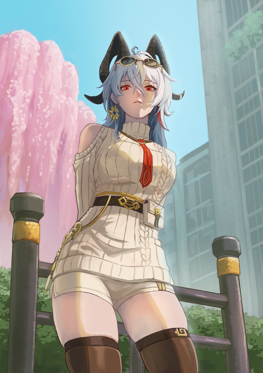 chucky (chucky1000sun), zani (downtown repose) (wuthering waves), zani (wuthering waves), wuthering waves, commentary request, 1girl, ahoge, black horns, black thighhighs, blue sky, breasts, clothing cutout, cowboy shot, curled horns, day, dress, earrings, grey dress, grey hair, grey shorts, hair between eyes, horns, jewelry, large breasts, long hair, looking at viewer, multicolored hair, official alternate costume, outdoors, parted lips, red eyes, shorts, shoulder cutout, sky, solo, streaked hair, sweater, sweater dress, thighhighs, thighs