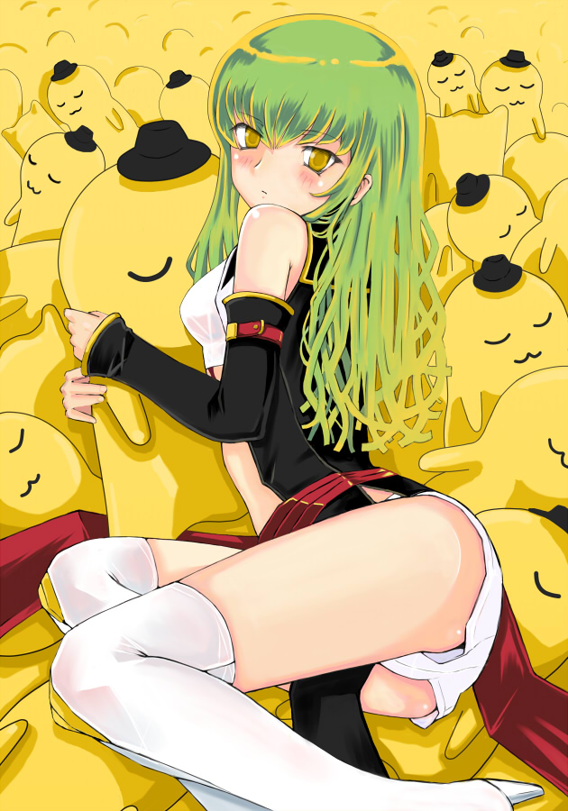 c.c., cheese-kun, code geass, pizza hut, bad id, bad pixiv id, 00s, 1girl, blush, female focus, green hair, hat, high heels, long hair, panties, shoes, solo, thighhighs, underwear, yellow eyes