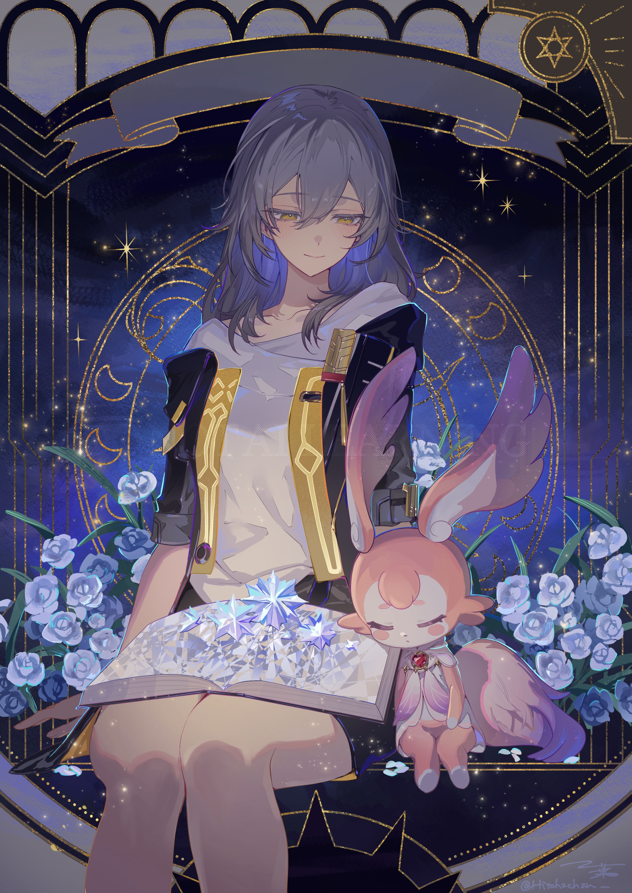 hitohachan, mem (honkai: star rail), stelle (honkai: star rail), trailblazer (honkai: star rail), honkai: star rail, honkai (series), absurdres, commentary request, highres, 1girl, black jacket, book, book on lap, closed mouth, collarbone, feet out of frame, flower, grey hair, hair between eyes, jacket, long hair, looking at another, open clothes, open jacket, shirt, sitting, smile, solo, white flower, white shirt, yellow eyes