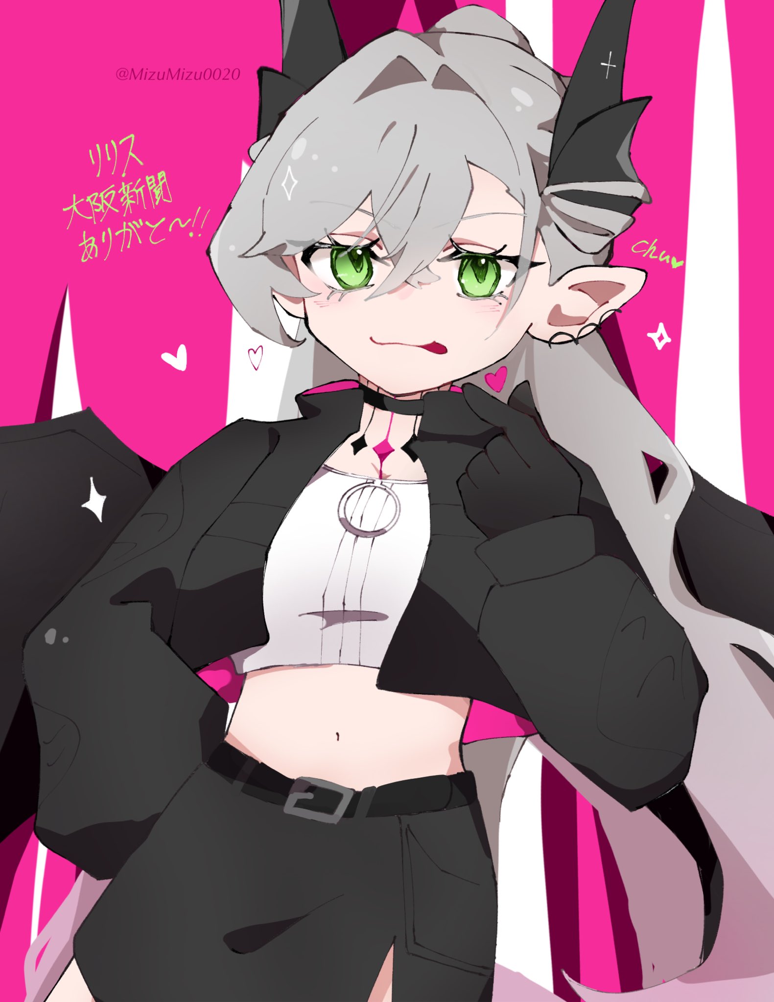 lilith (fate), fate/grand order, fate (series), commentary request, highres, black jacket, black skirt, breasts, demon horns, earrings, gradient hair, green eyes, heart, horns, jacket, jewelry, licking lips, lilith (over the same sky) (fate), looking at viewer, midriff, mizumizu0020, multicolored hair, pink hair, skirt, smile, tongue, tongue out, twintails, twitter username, white hair