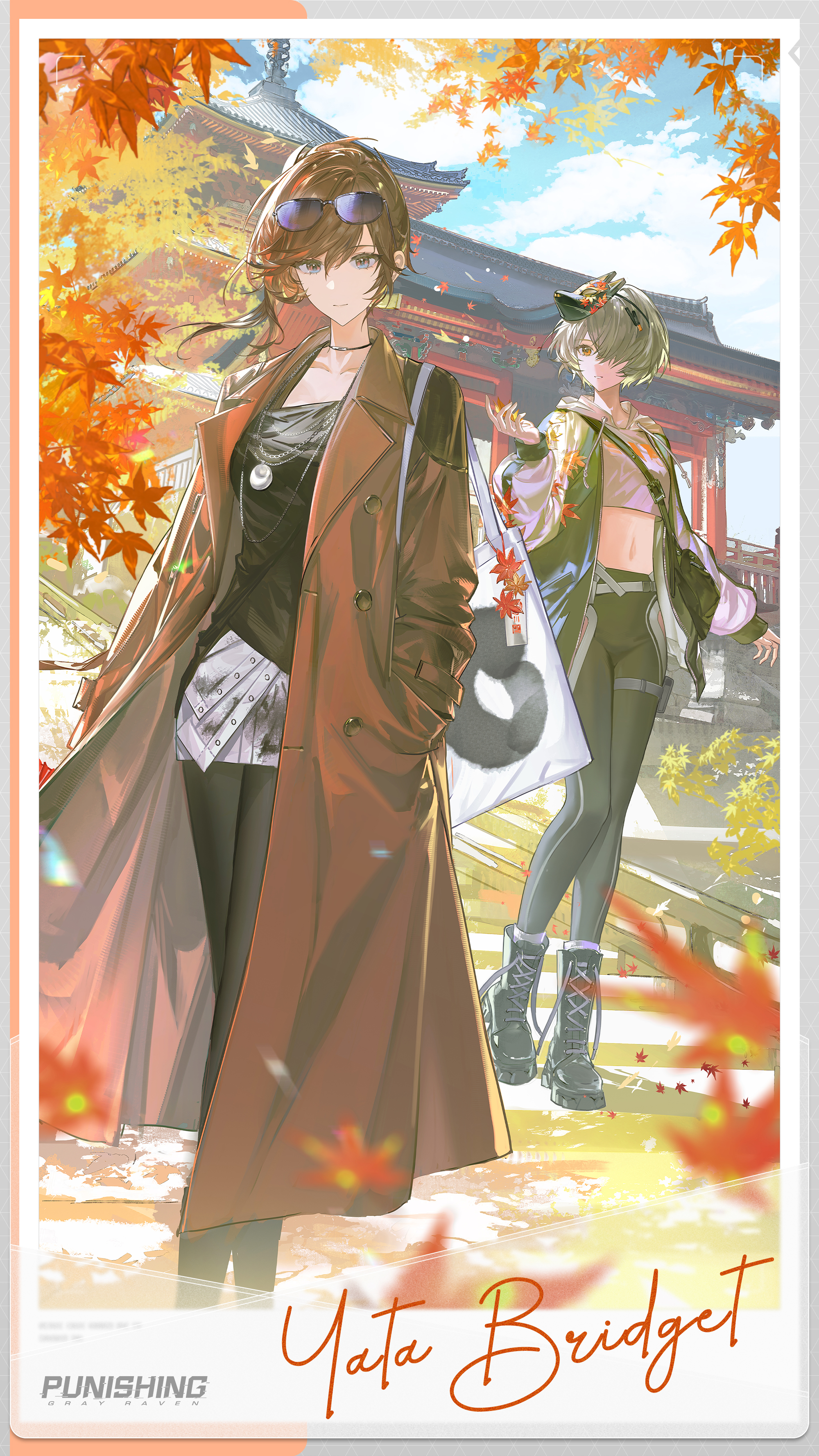 bridget (pgr), yata (pgr), punishing: gray raven, absurdres, commentary, english commentary, highres, official art, 2girls, architecture, arm up, autumn leaves, bag, black boots, black choker, black dress, black jacket, black pants, black pantyhose, blue eyes, blurry, blurry foreground, boots, brown coat, brown hair, buttons, character name, choker, closed mouth, cloud, coat, copyright name, cropped shirt, crossed legs, day, dress, east asian architecture, eyewear on head, falling leaves, feet out of frame, fox mask, full body, grey hair, hair between eyes, hair over one eye, hand in pocket, jacket, lace-up boots, leaf, long sleeves, looking at another, mask, mask on head, midriff, multiple girls, navel, open clothes, open jacket, outdoors, pants, pantyhose, parted lips, picture frame, short hair, shoulder bag, skirt, sleeve cuffs, stairs, standing, sunglasses, white skirt, yellow eyes, yoga pants