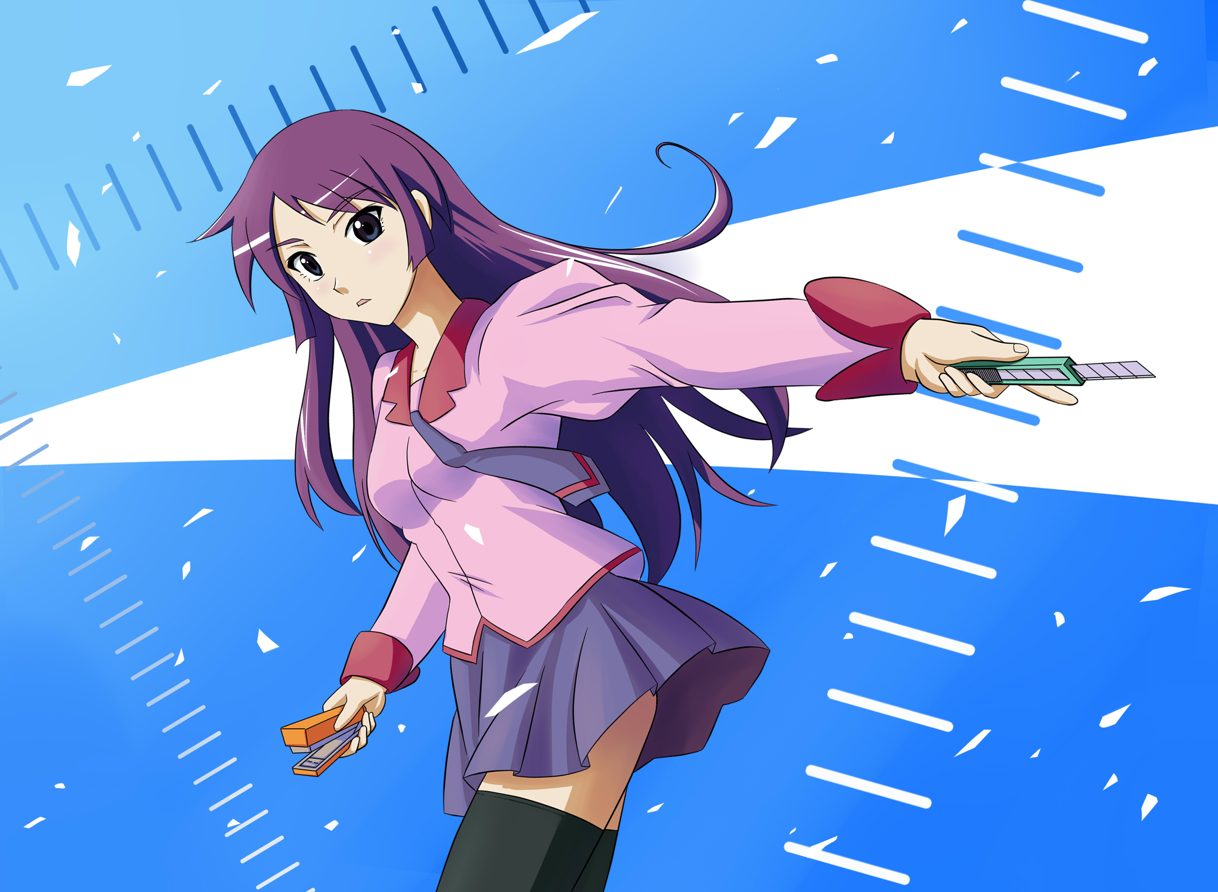 asu (150419), asu (hengaya), senjougahara hitagi, bakemonogatari, monogatari (series), highres, 00s, 1girl, blue eyes, boxcutter, female focus, long hair, miniskirt, necktie, purple hair, school uniform, skirt, solo, stapler, thighhighs, zettai ryouiki