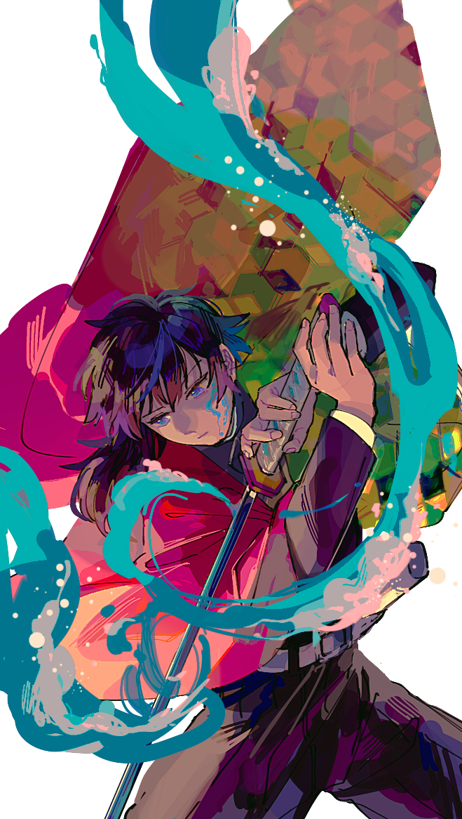 lskty, tomioka giyuu, kimetsu no yaiba, commentary request, 1boy, belt, black hair, black jacket, black pants, blue eyes, closed mouth, cowboy shot, demon slayer uniform, haori, high collar, holding, holding sword, holding weapon, jacket, japanese clothes, katana, kikkoumon, long hair, low ponytail, male focus, pants, ponytail, print haori, red haori, simple background, solo, spiked hair, sword, water, weapon, white background, white belt