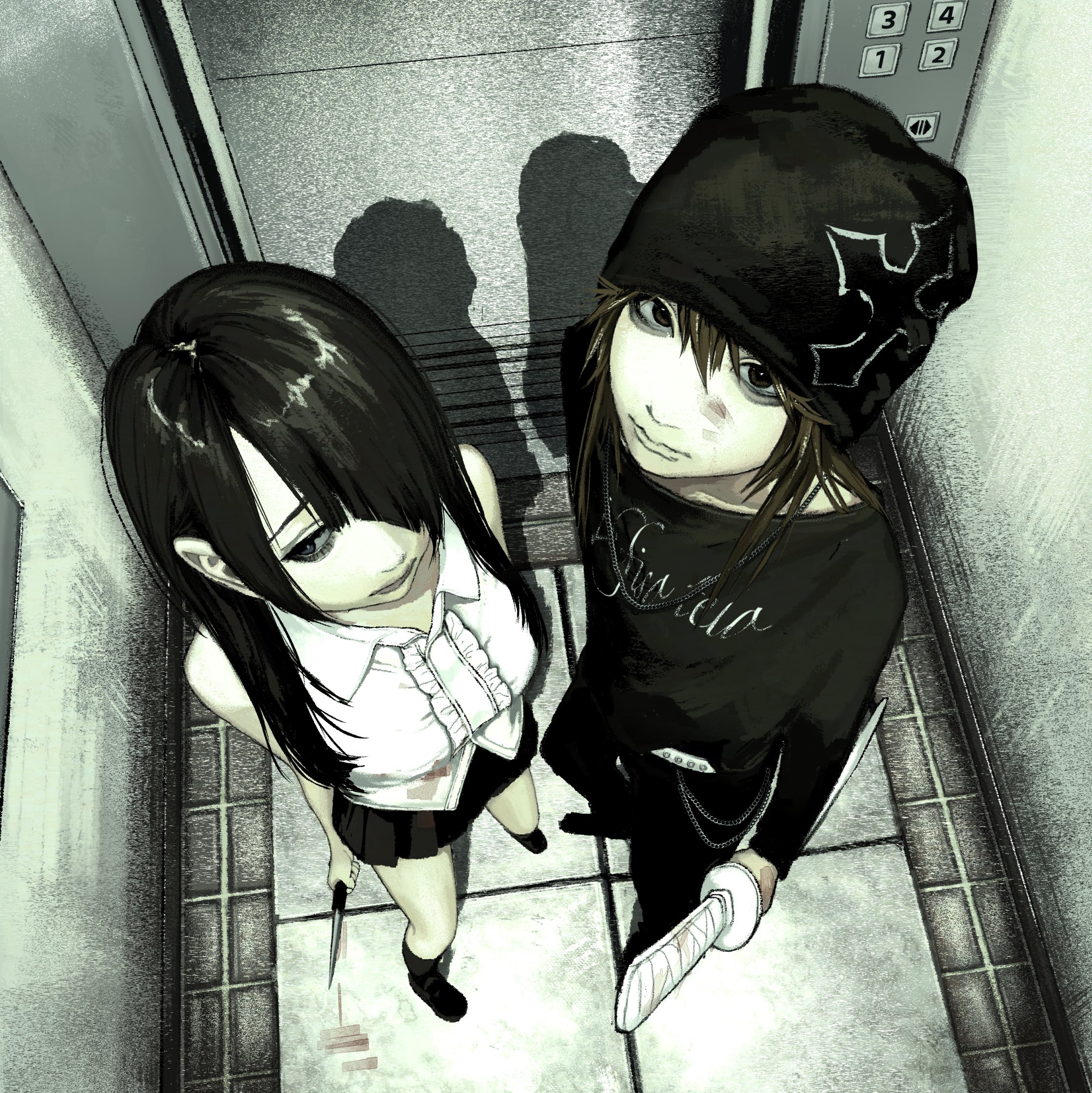 original, highres, 1boy, 1girl, aegyo sal, arrow cross, averting eyes, bare shoulders, beanie, belt, black eyes, black hair, black hat, black pants, black shirt, black shoes, black skirt, black socks, blood, blood on clothes, blood on face, blood on ground, bloody knife, brown hair, censored, center frills, closed mouth, cross, diagonal bangs, elevator, frills, from above, hair between eyes, hair over one eye, hat, holding, holding knife, holding sword, holding weapon, jewelry, knife, long hair, looking at viewer, looking to the side, looking up, medium hair, mosaic censoring, necklace, pants, pleated skirt, print shirt, shirt, shirt partially tucked in, shoes, skirt, sleeveless, sleeveless shirt, socks, sword, weapon, white belt, white shirt, ystty0