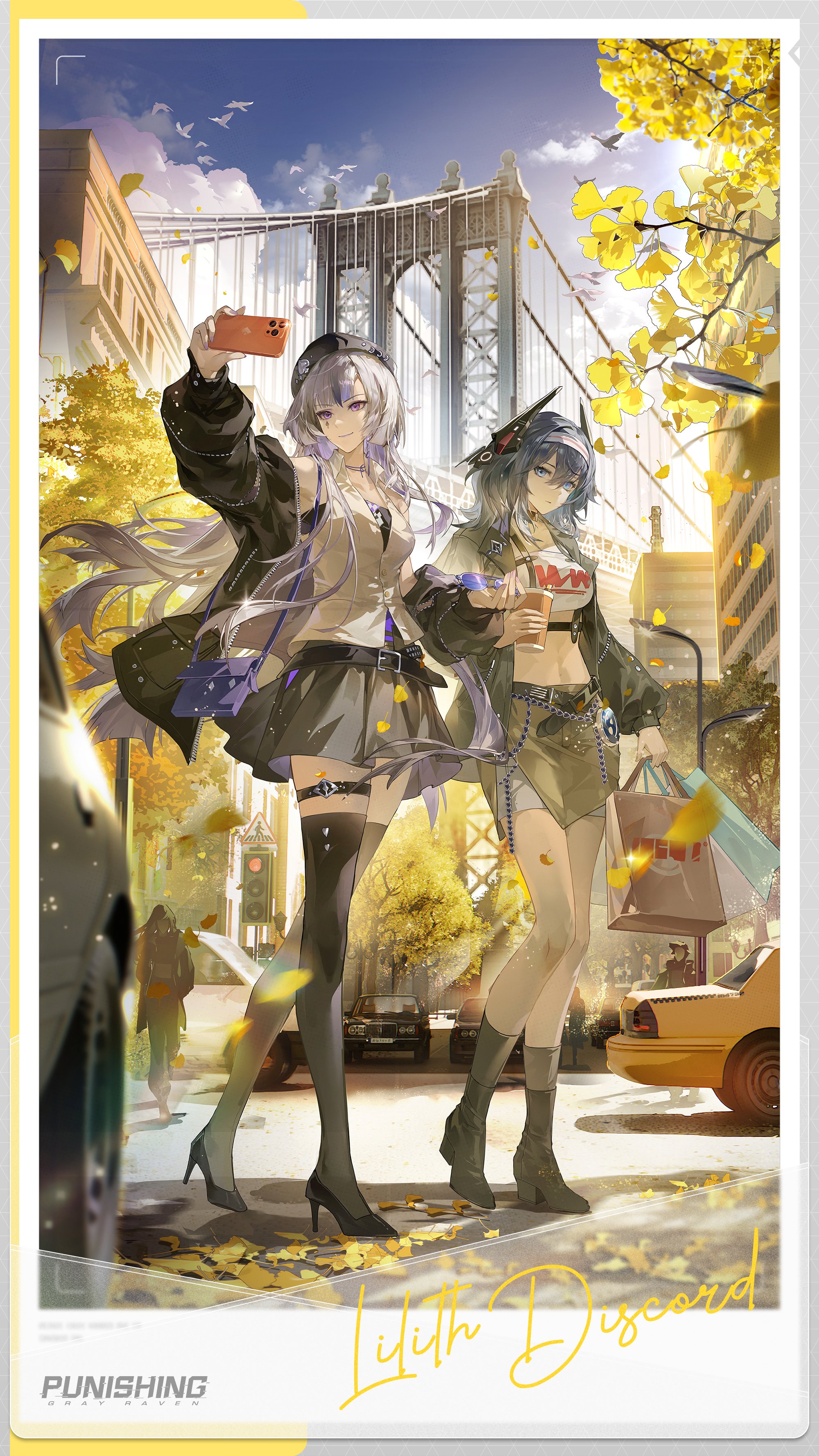 lilith (pgr), punishing: gray raven, absurdres, commentary, english commentary, highres, official art, 2girls, 3others, arm up, armpit peek, bag, belt, belt buckle, black belt, black choker, black jacket, black shoes, black thighhighs, blue eyes, blue hair, breasts, bridge, brown skirt, buckle, building, car, cellphone, chain, character name, choker, closed mouth, collared shirt, colored inner hair, copyright name, cropped shirt, cup, discord (pgr), disposable coffee cup, disposable cup, facial tattoo, falling leaves, fingernails, flock, full body, grey hair, hair between eyes, hairband, harness, headgear, high heels, holding, holding bag, holding cup, holding phone, holding removed eyewear, jacket, jacket partially removed, leaf, long hair, long sleeves, looking at object, looking at viewer, medium breasts, medium hair, motor vehicle, multicolored hair, multiple girls, multiple others, nail polish, navel, open clothes, open jacket, outdoors, paper bag, phone, picture frame, puffy sleeves, purple bag, purple choker, purple eyes, purple hair, purple nails, shadow, shirt, shoes, shoulder bag, sign, skirt, sleeveless, sleeveless shirt, sleeves past wrists, smartphone, spade (shape), spade tattoo, standing, stomach, sun, sunglasses, tattoo, thigh strap, thighhighs, traffic light, tree, truss bridge, unworn eyewear, white hairband, white shirt, white skirt